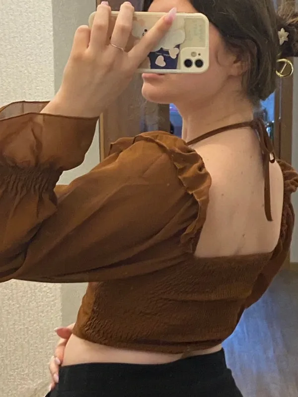 Chiffon Flare Sleeve Women Tops Ruffle Solid Elastic Waist