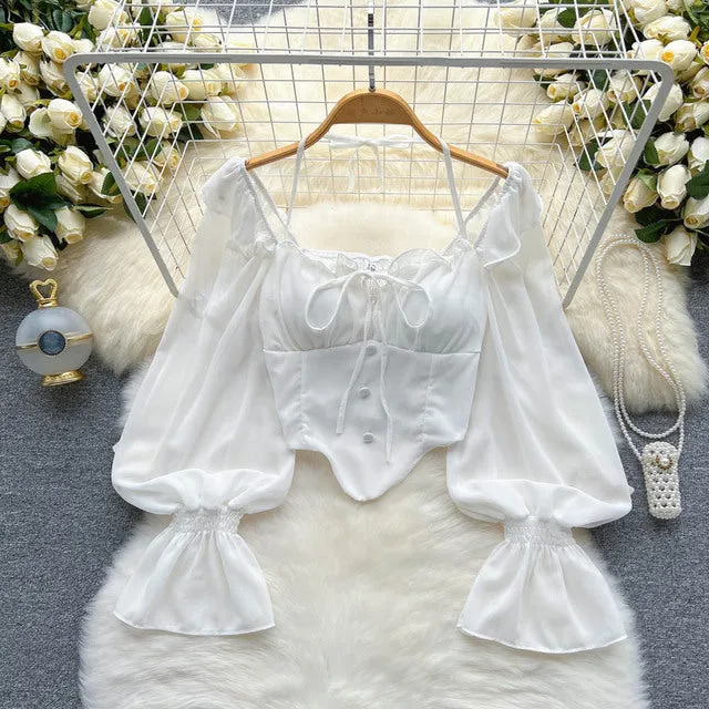 Chiffon Flare Sleeve Women Tops Ruffle Solid Elastic Waist