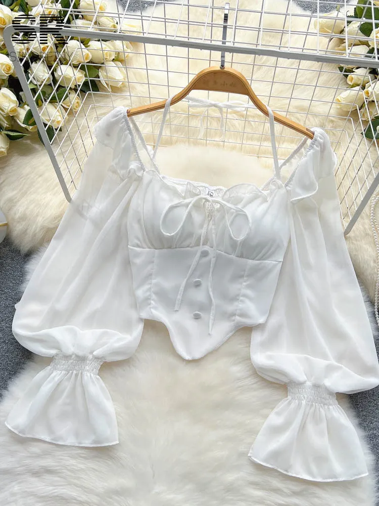 Chiffon Flare Sleeve Women Tops Ruffle Solid Elastic Waist