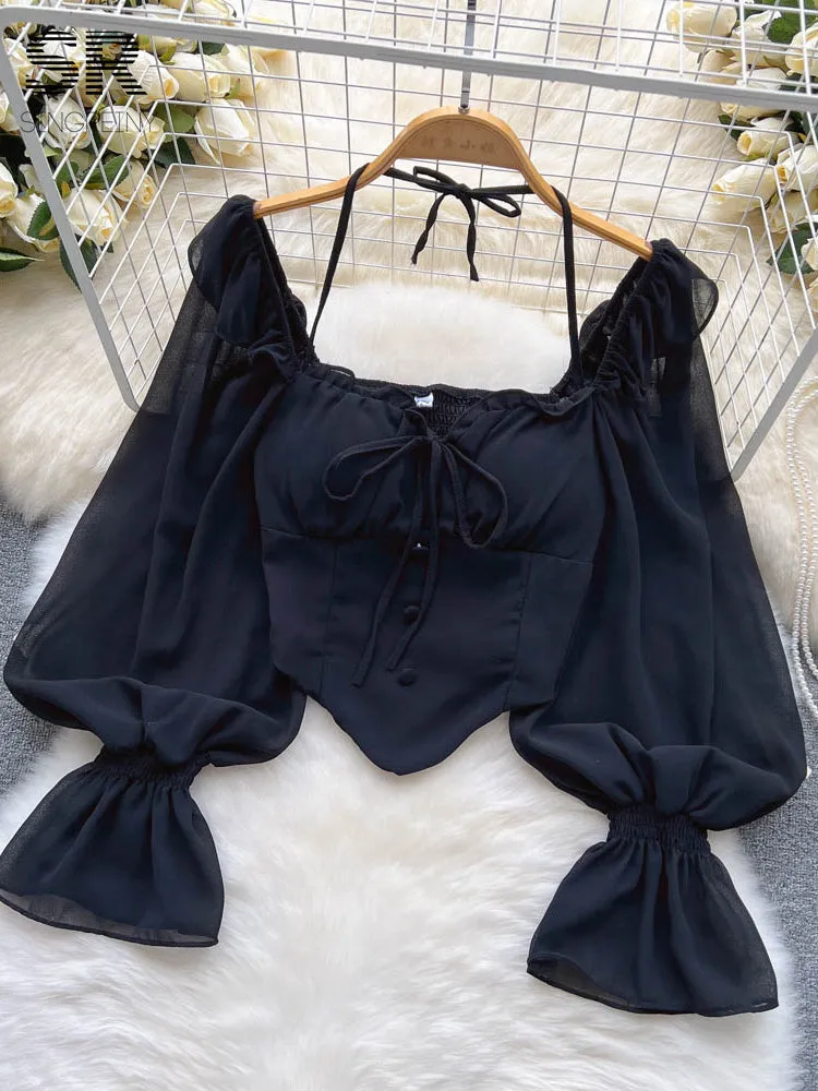 Chiffon Flare Sleeve Women Tops Ruffle Solid Elastic Waist