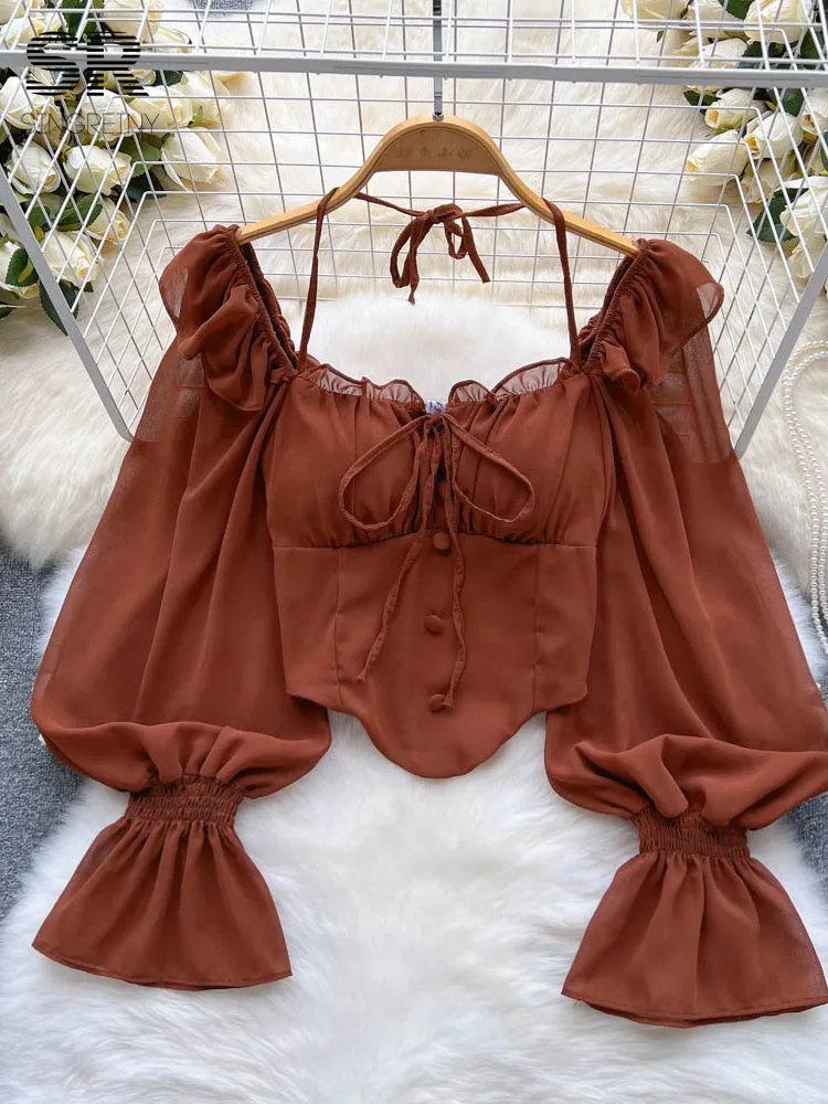 Chiffon Flare Sleeve Women Tops Ruffle Solid Elastic Waist
