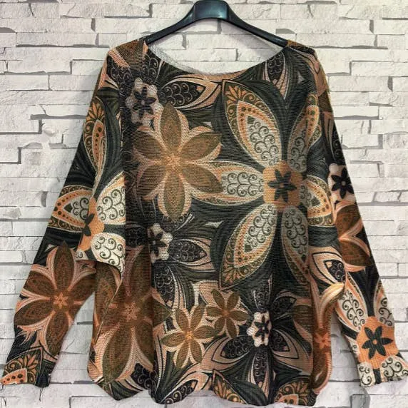Chocolate Floral Printed Italian Knit Sweater