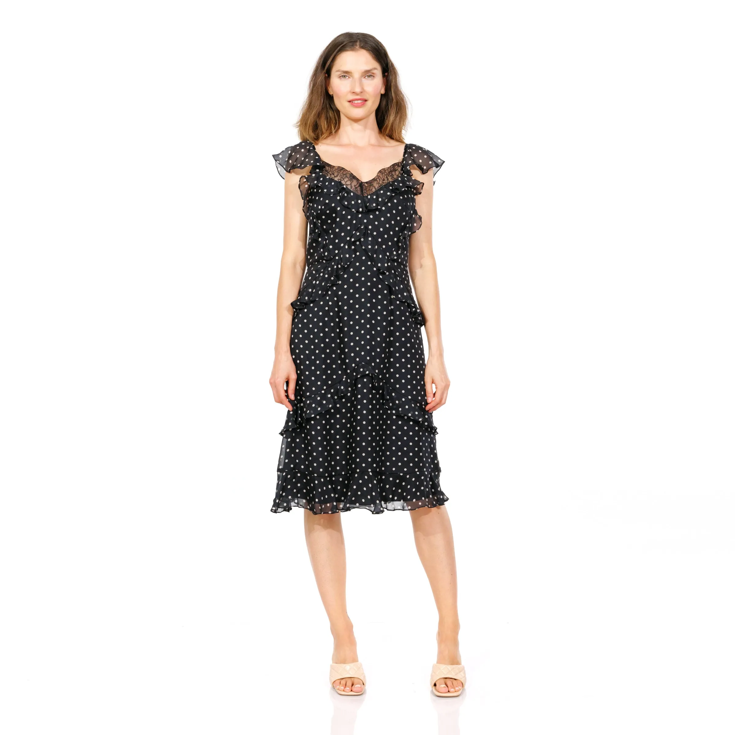Classic Polka-Dot Ruffle Midi Dress with Lace Trim