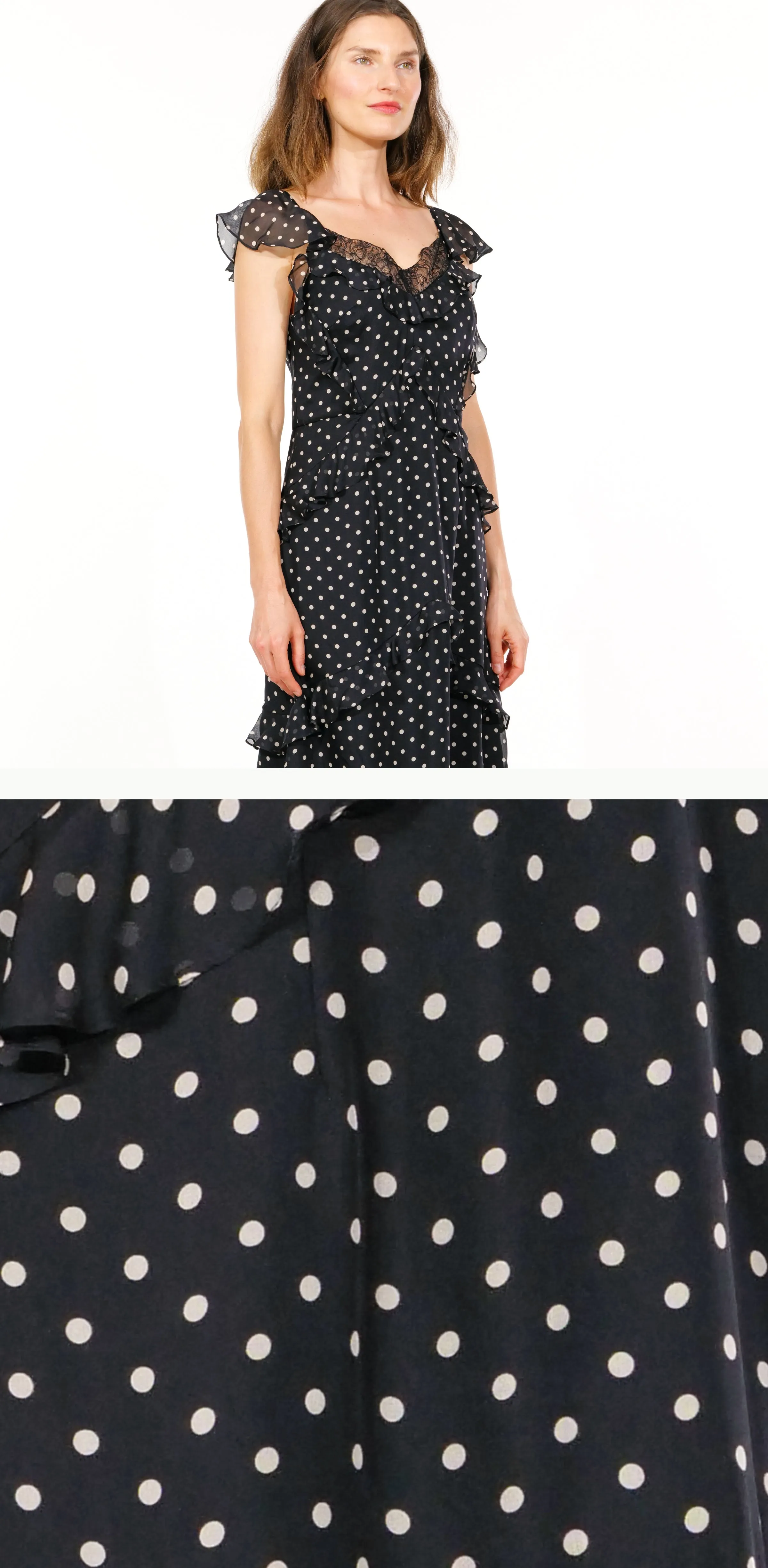 Classic Polka-Dot Ruffle Midi Dress with Lace Trim