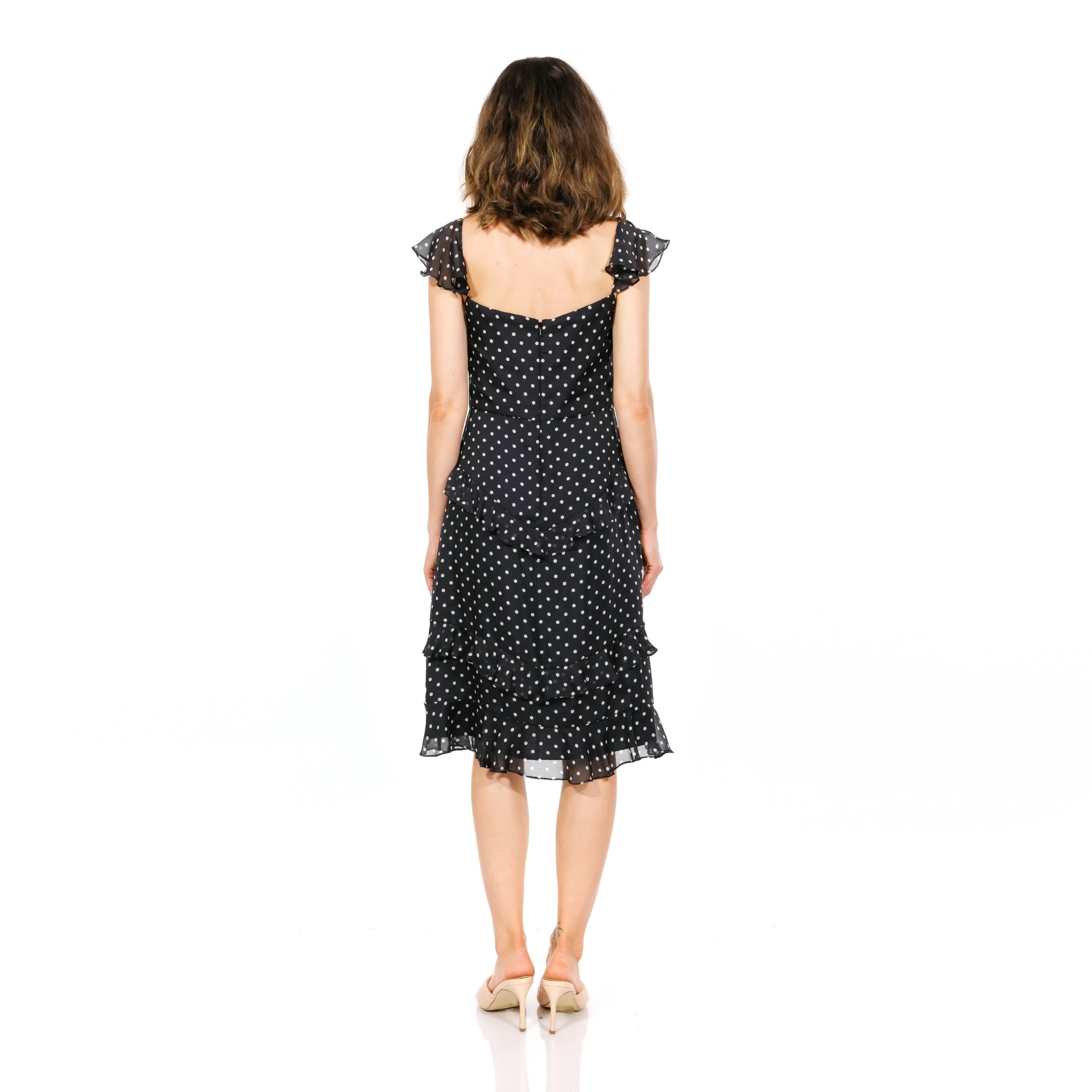 Classic Polka-Dot Ruffle Midi Dress with Lace Trim
