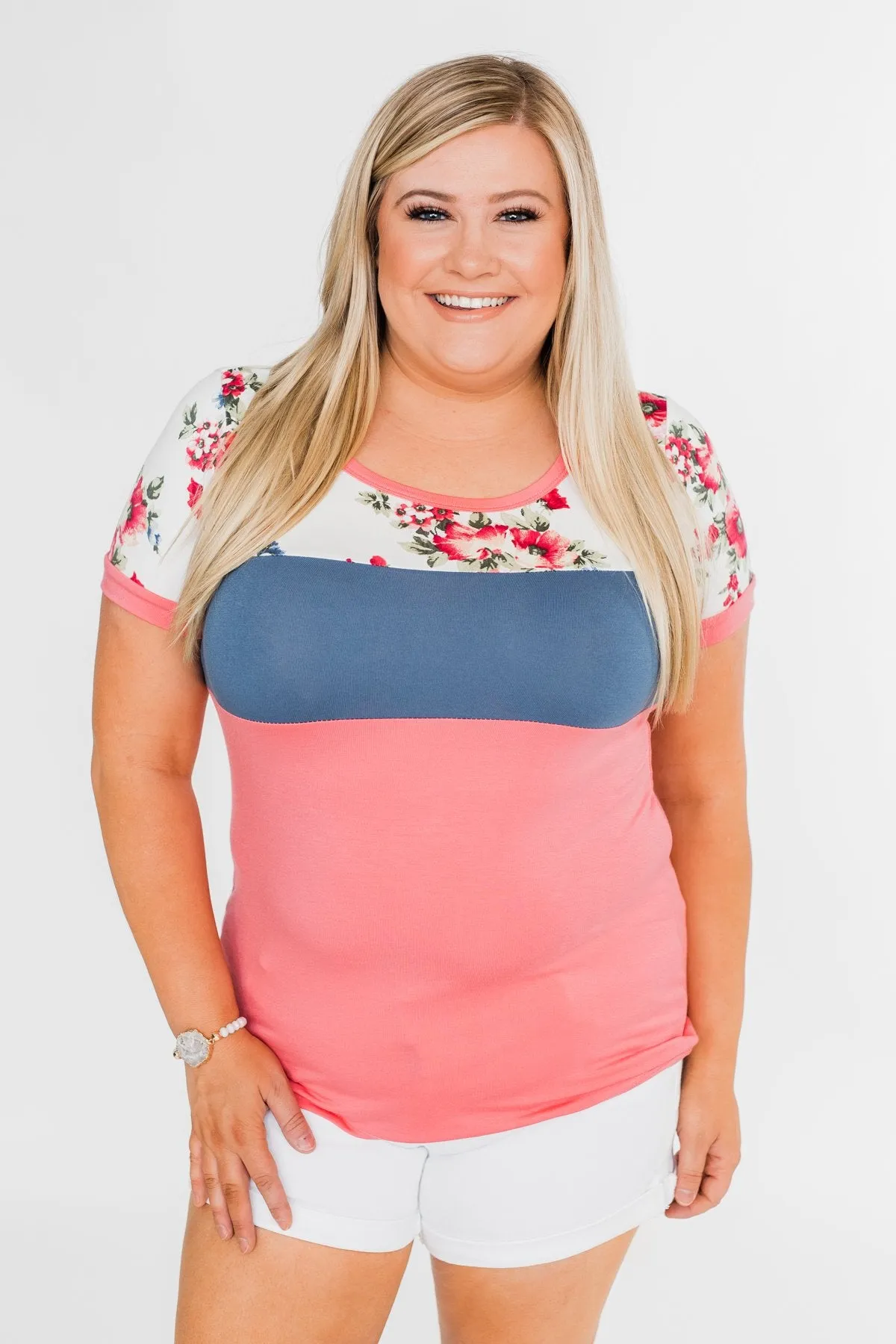 Color Block Short Sleeve Floral Top- Pink & Blue