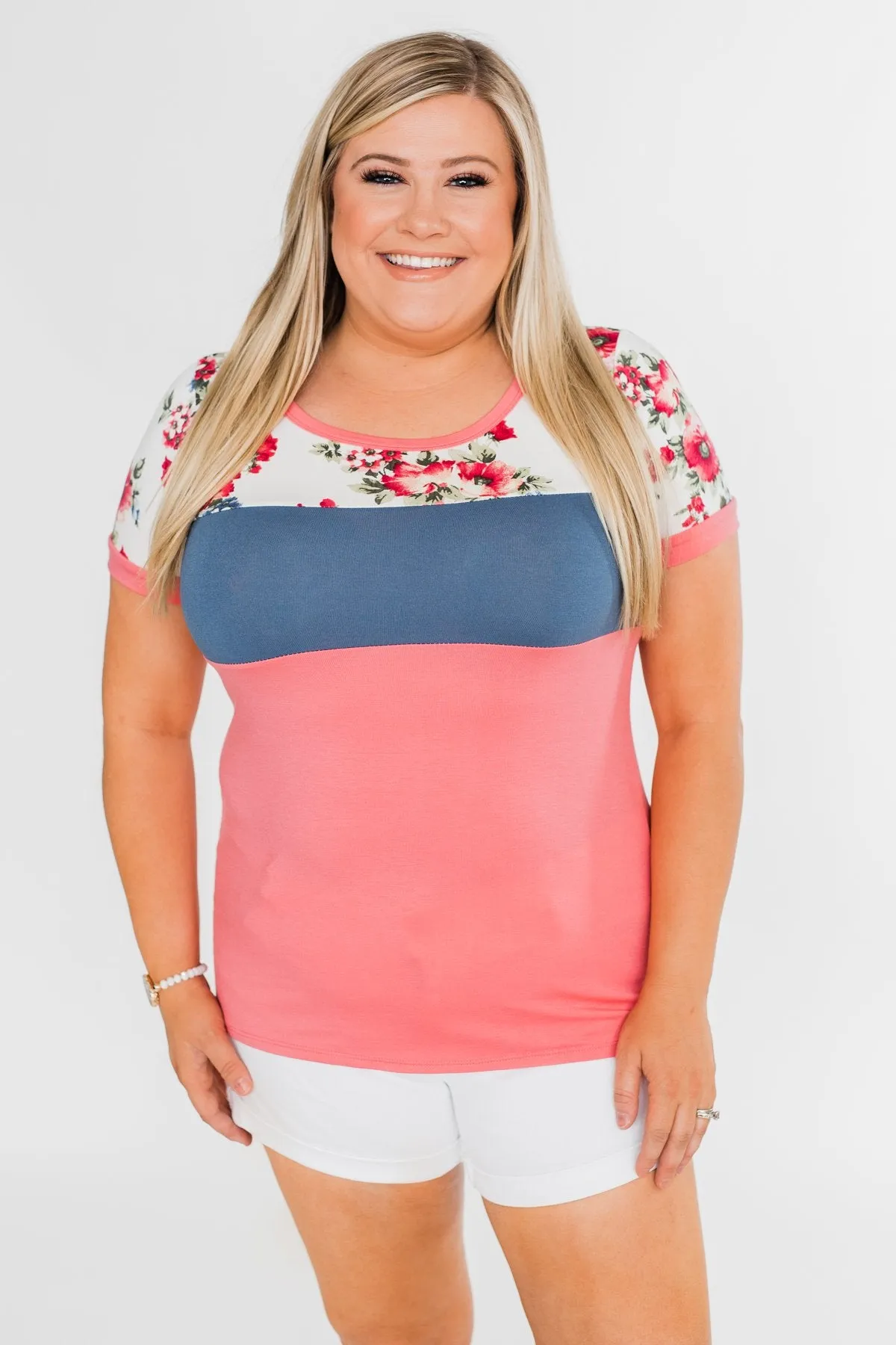 Color Block Short Sleeve Floral Top- Pink & Blue