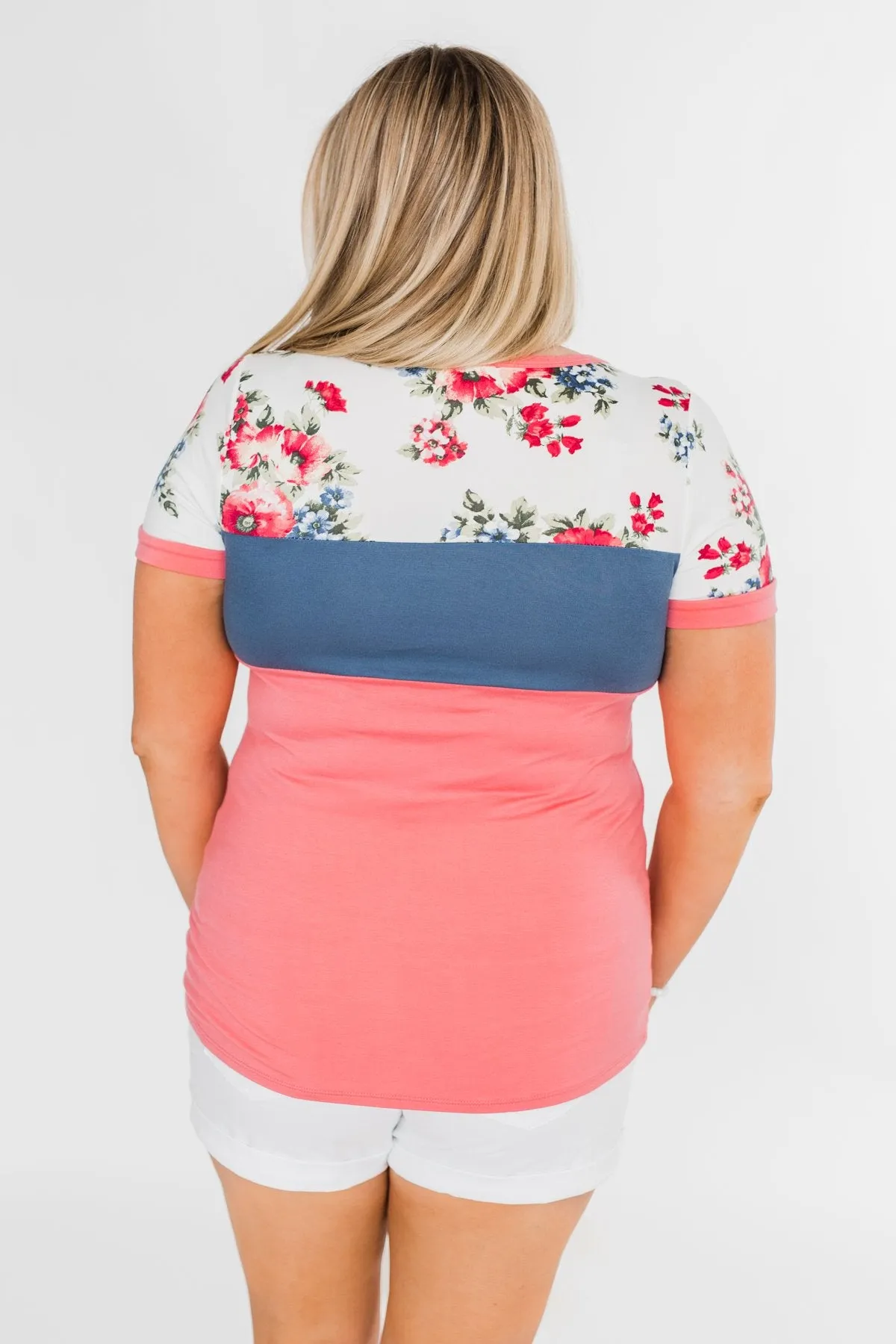 Color Block Short Sleeve Floral Top- Pink & Blue