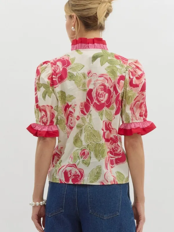 Cream & Pink Floral Ruffle Snap Button Top