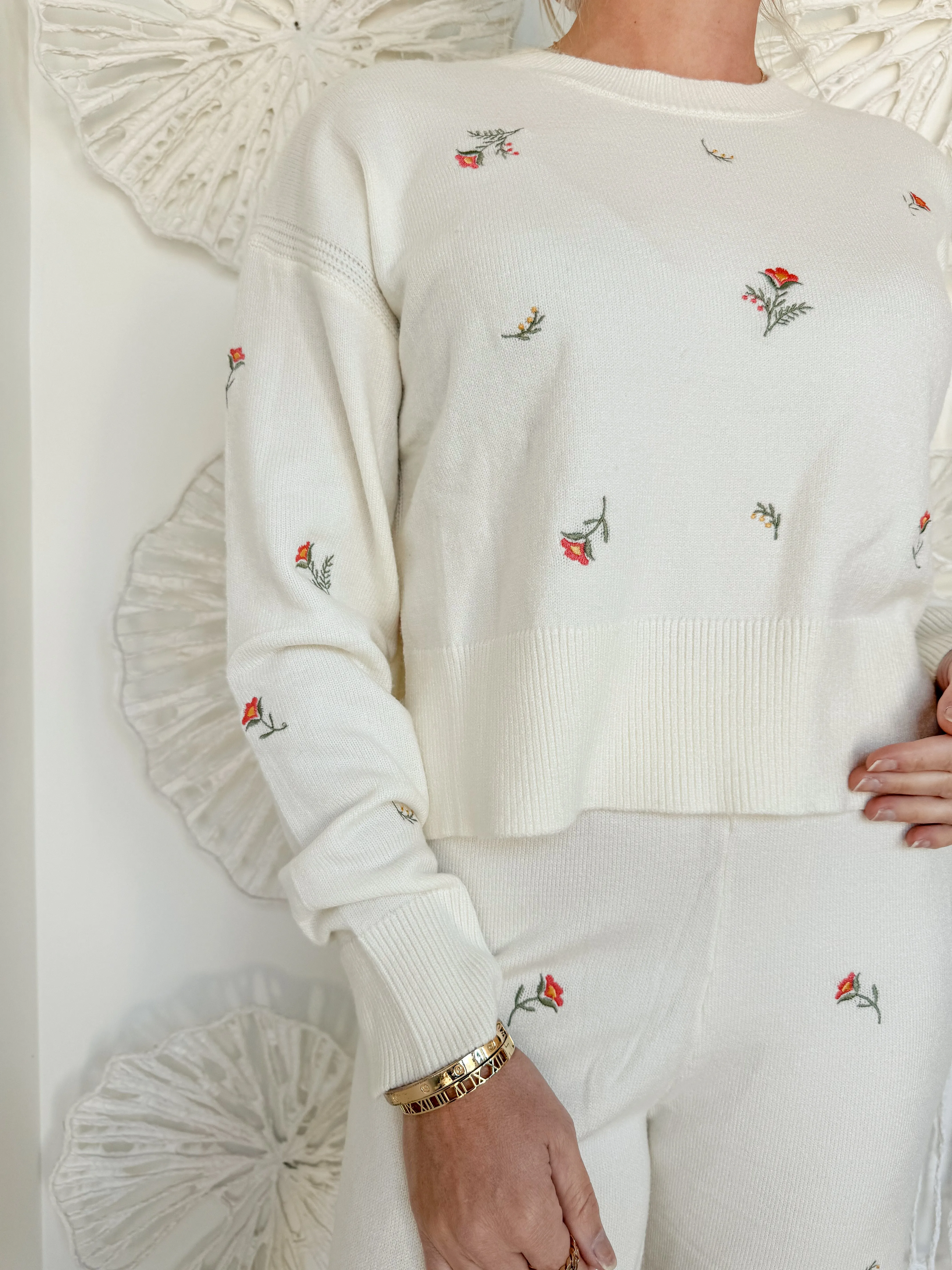 Cream Embroidered Floral Knit Pant Set