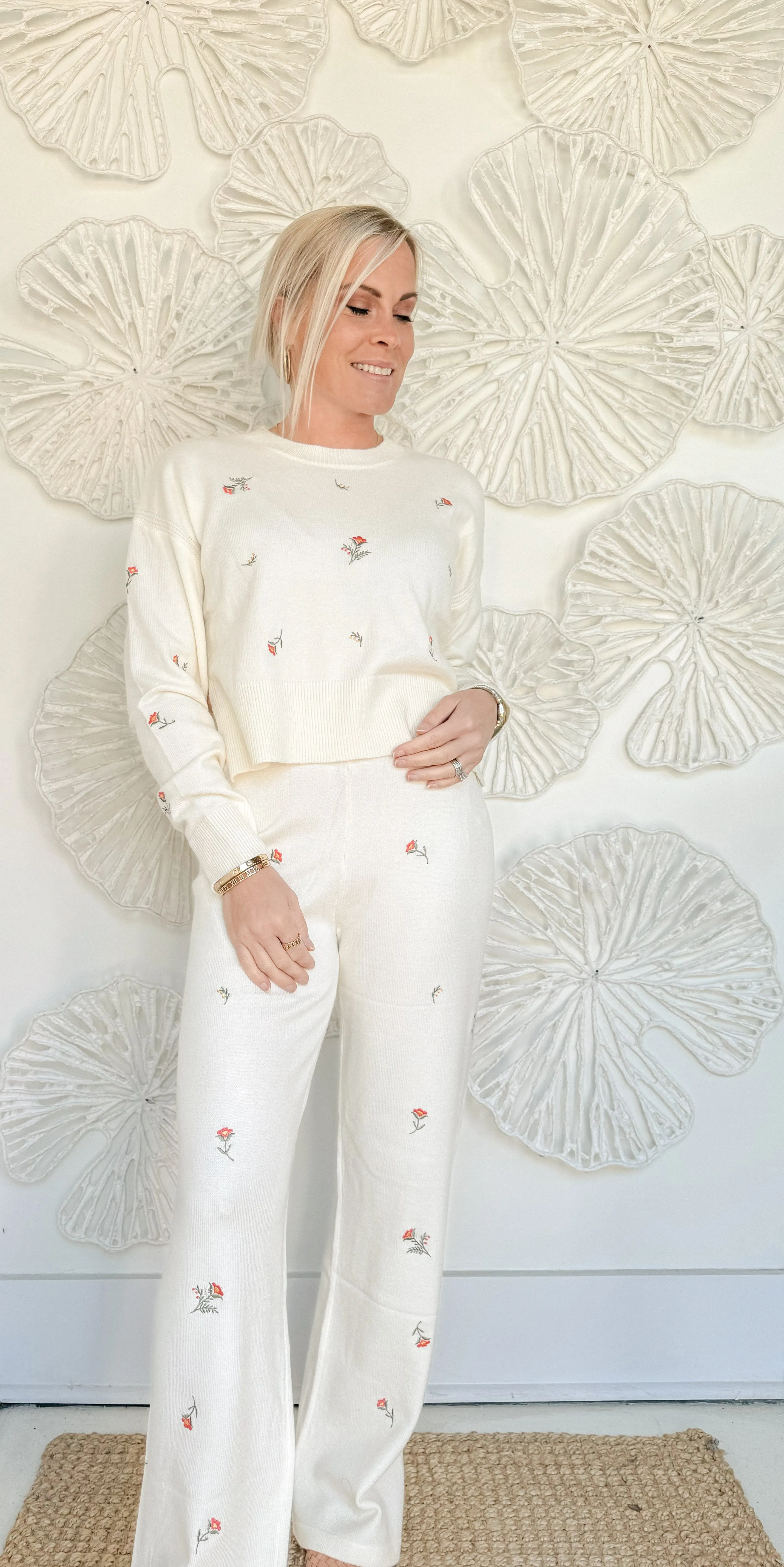 Cream Embroidered Floral Knit Pant Set