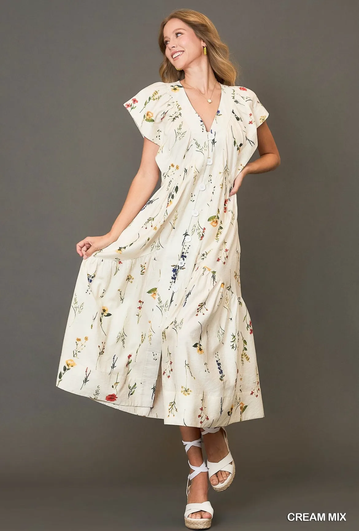 Cream Floral Midi Dress