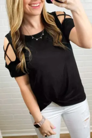 Crisscross Twist Hollow  Out Blouse Black