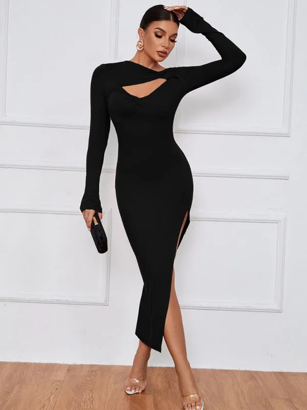 Cut-Out Bodycon Dress with High Slit and Long Sleeves