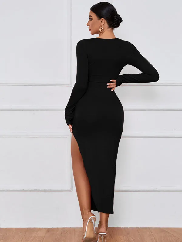 Cut-Out Bodycon Dress with High Slit and Long Sleeves