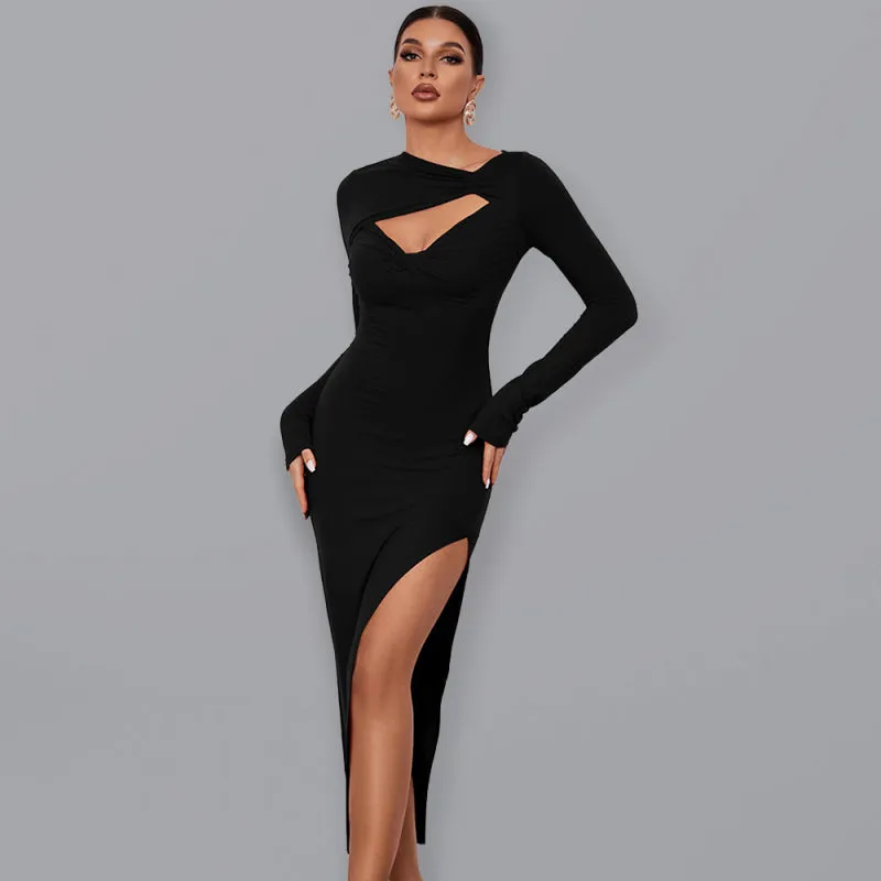 Cut-Out Bodycon Dress with High Slit and Long Sleeves