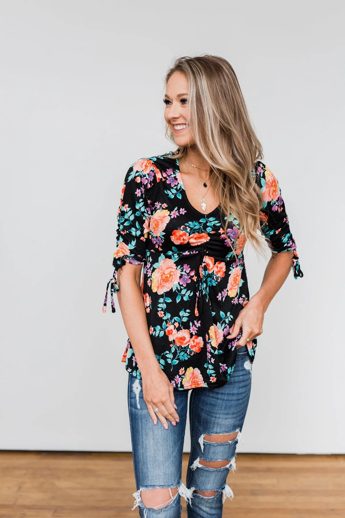 Day Dreaming Floral Cinched Top- Black