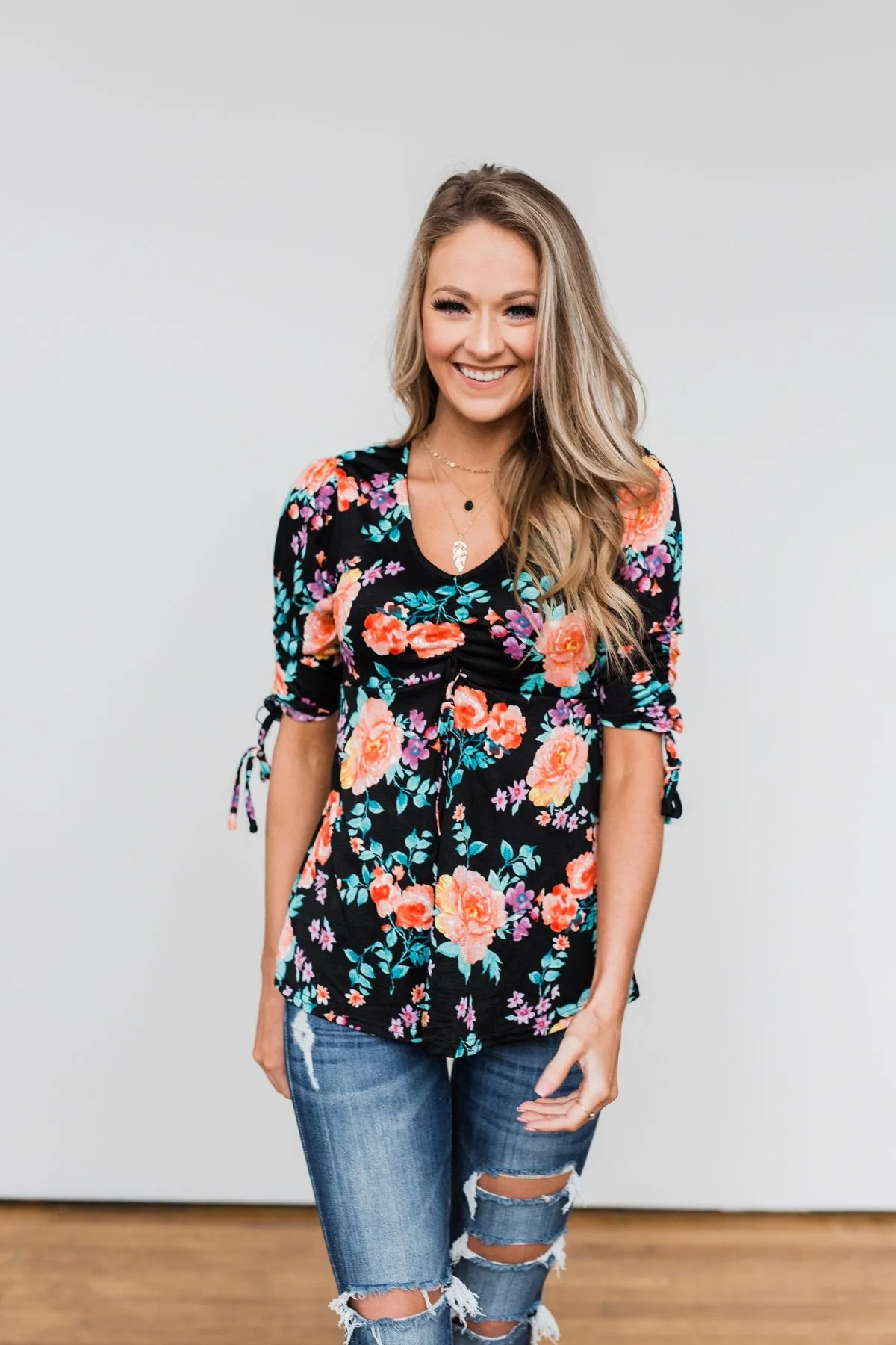 Day Dreaming Floral Cinched Top- Black