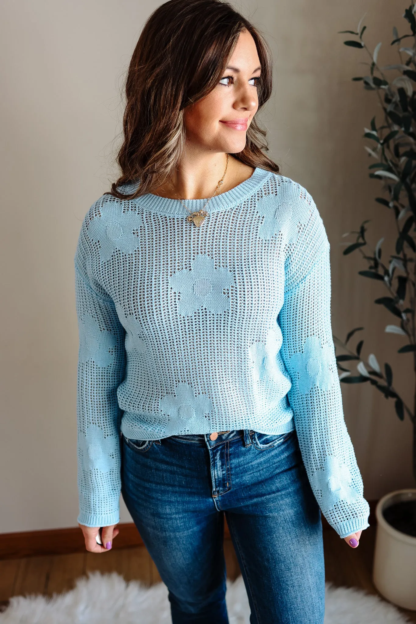 Demi Flower Open Work Sweater - Baby Blue