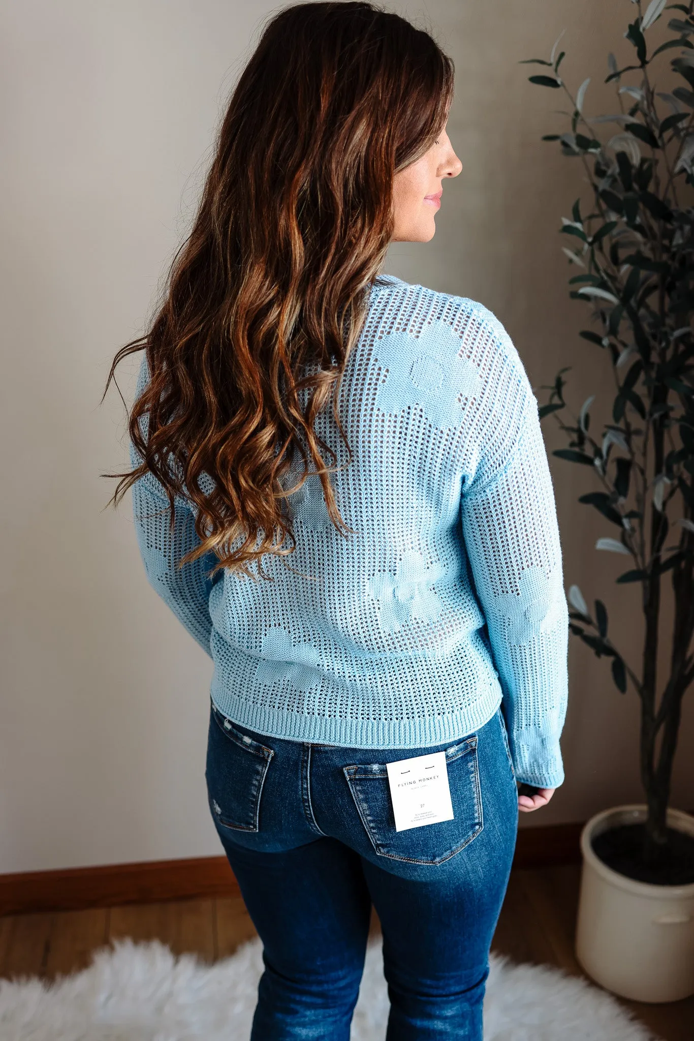 Demi Flower Open Work Sweater - Baby Blue