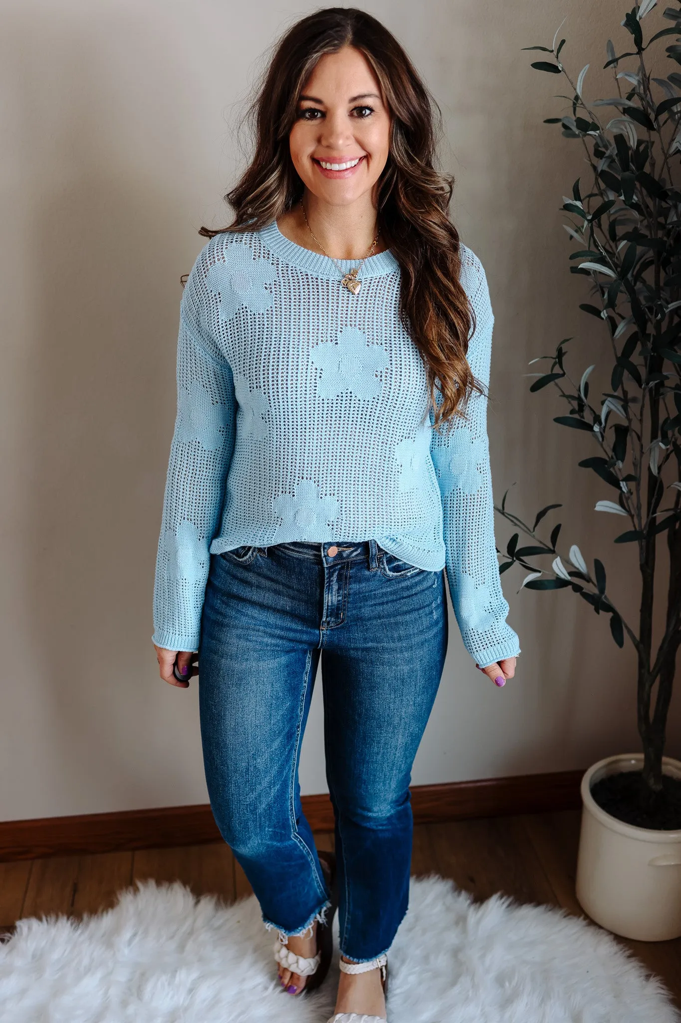 Demi Flower Open Work Sweater - Baby Blue