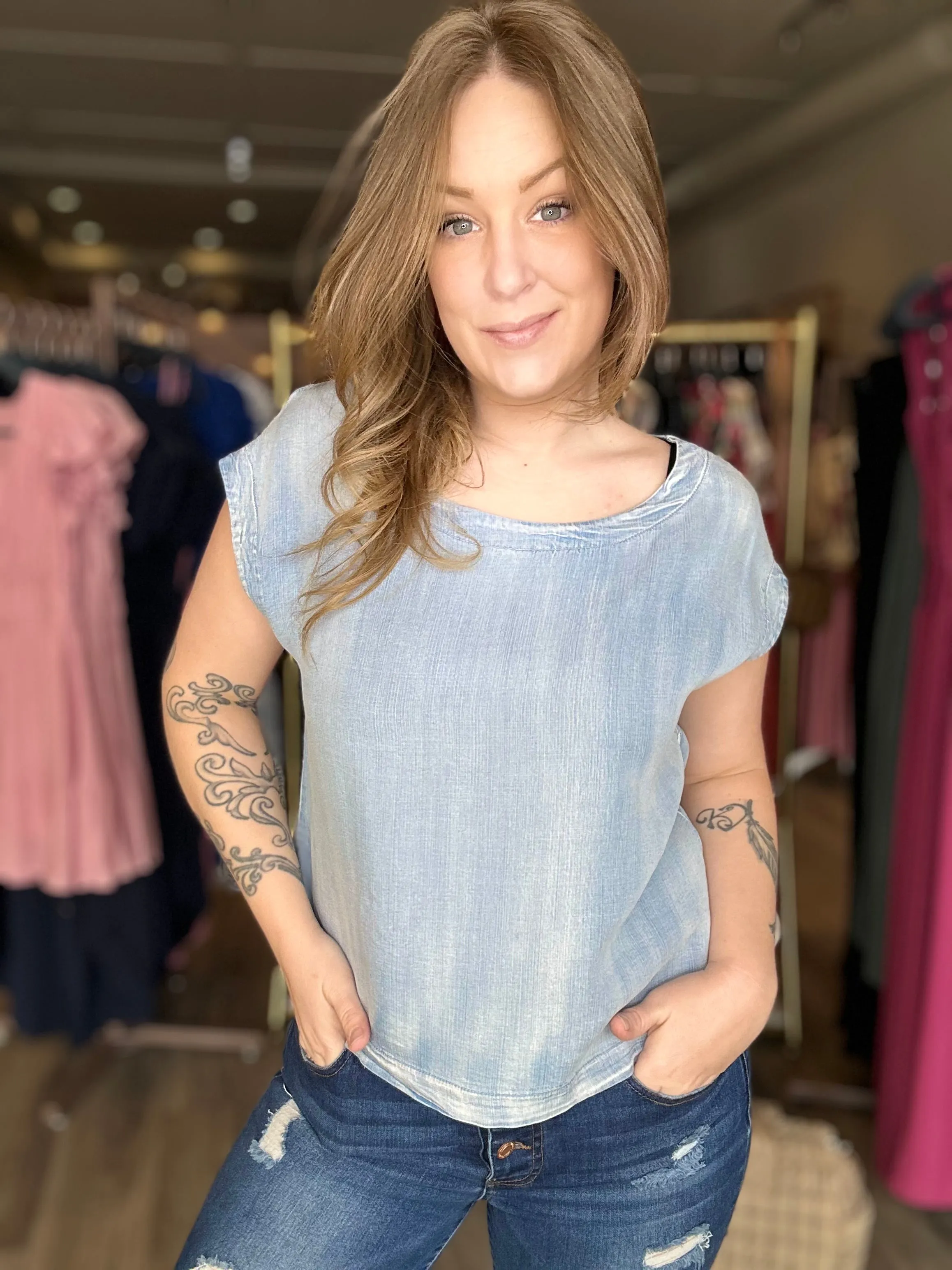 Denim Chambray Cap Sleeve Top