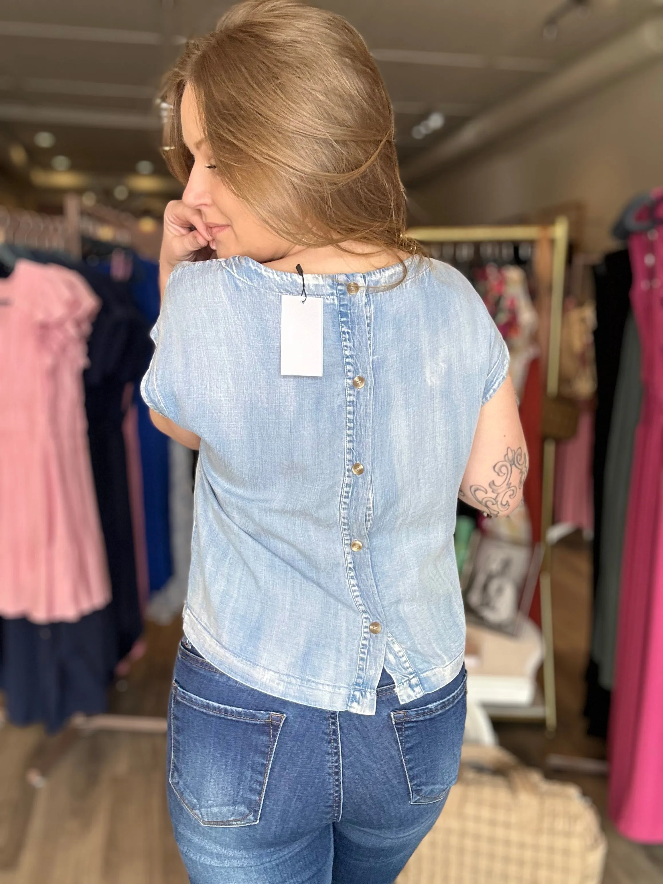 Denim Chambray Cap Sleeve Top