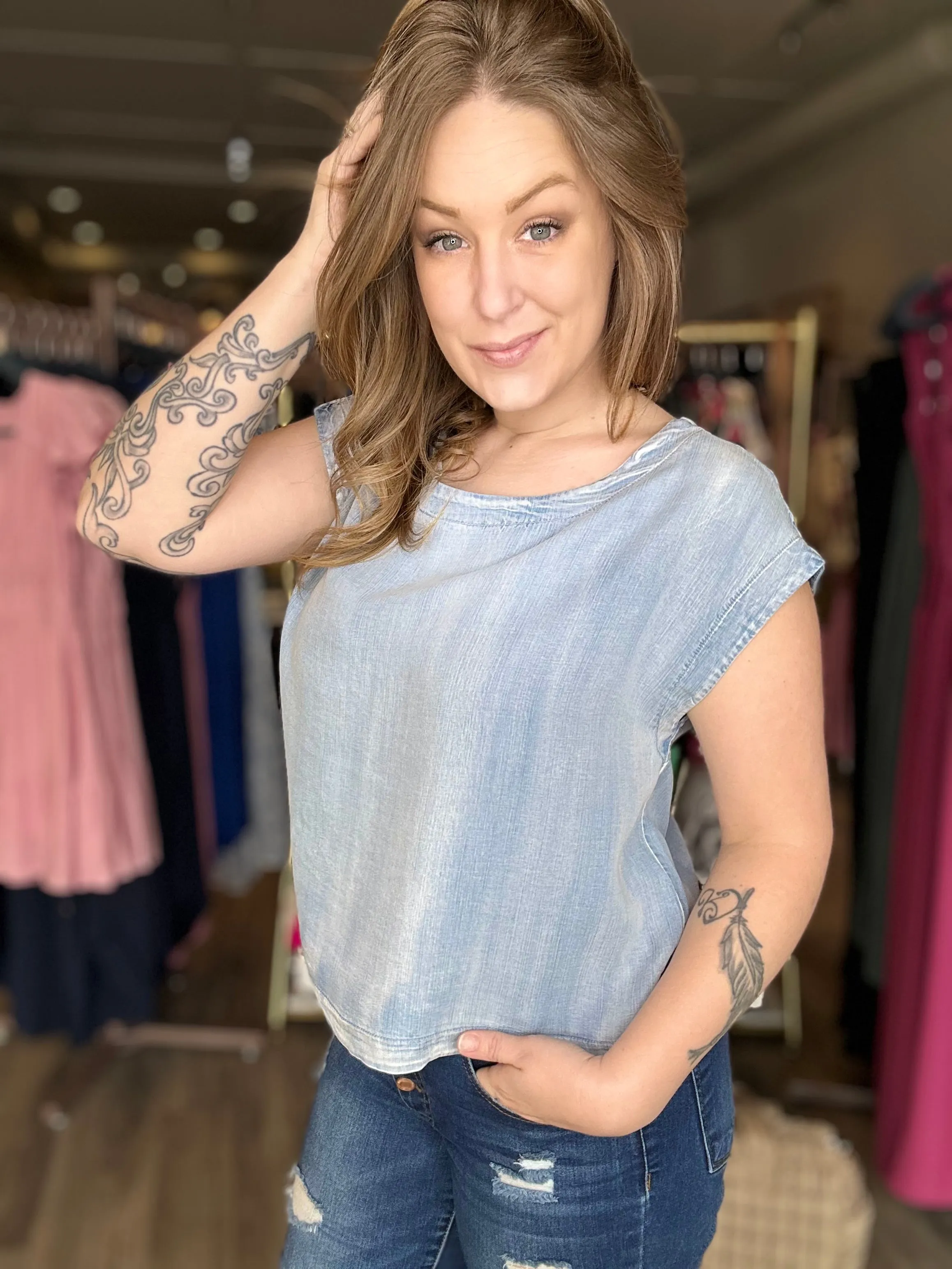 Denim Chambray Cap Sleeve Top