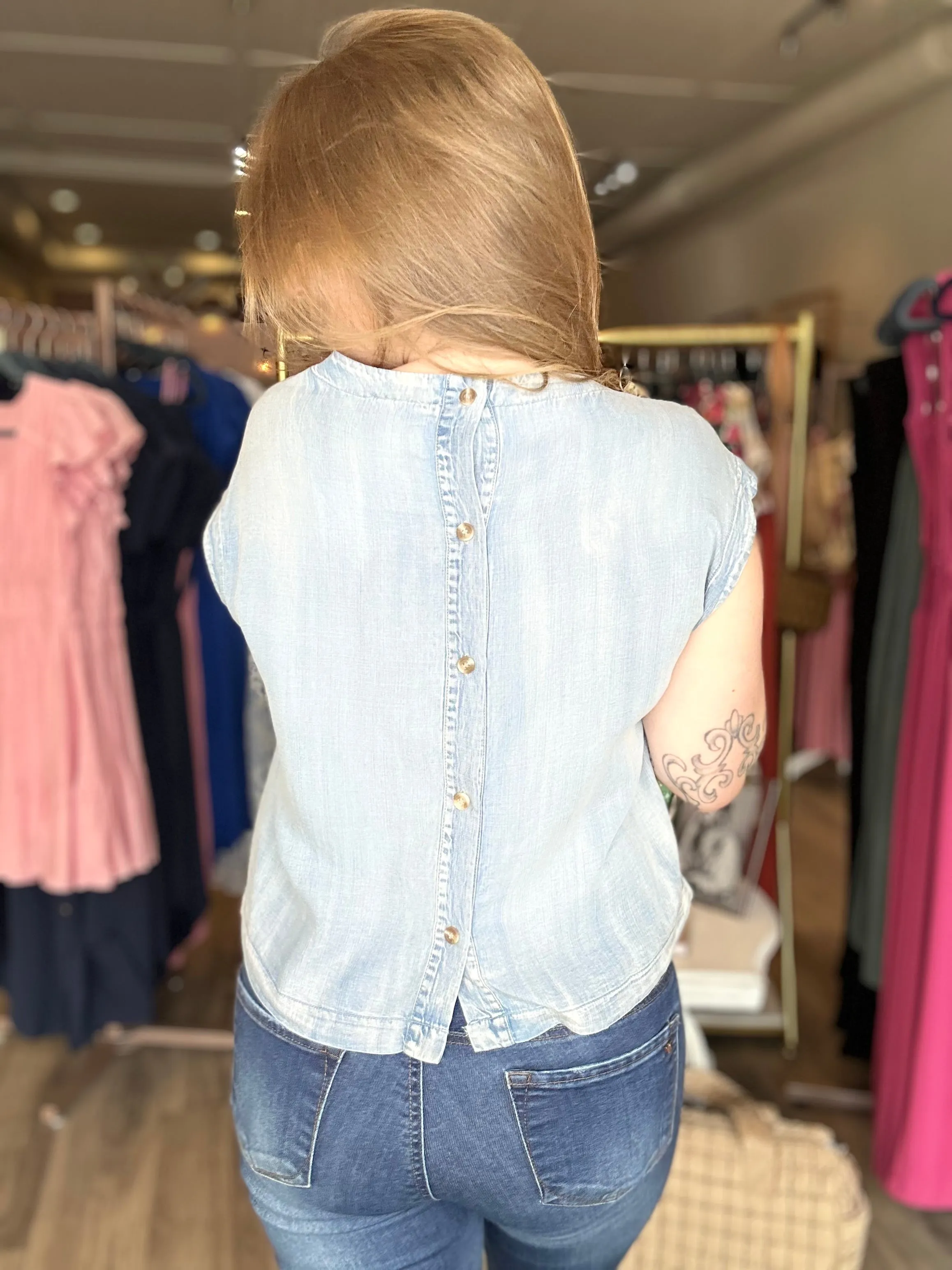 Denim Chambray Cap Sleeve Top