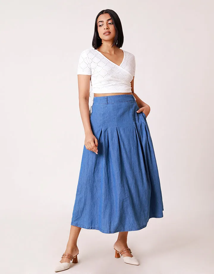 Denim Midi Skirt with Pleated