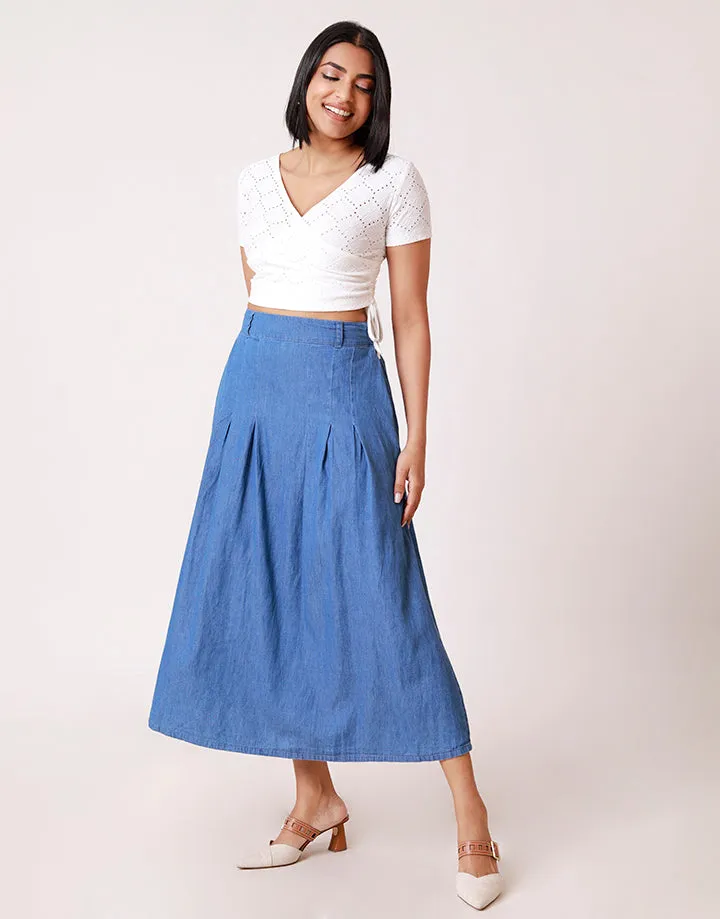 Denim Midi Skirt with Pleated
