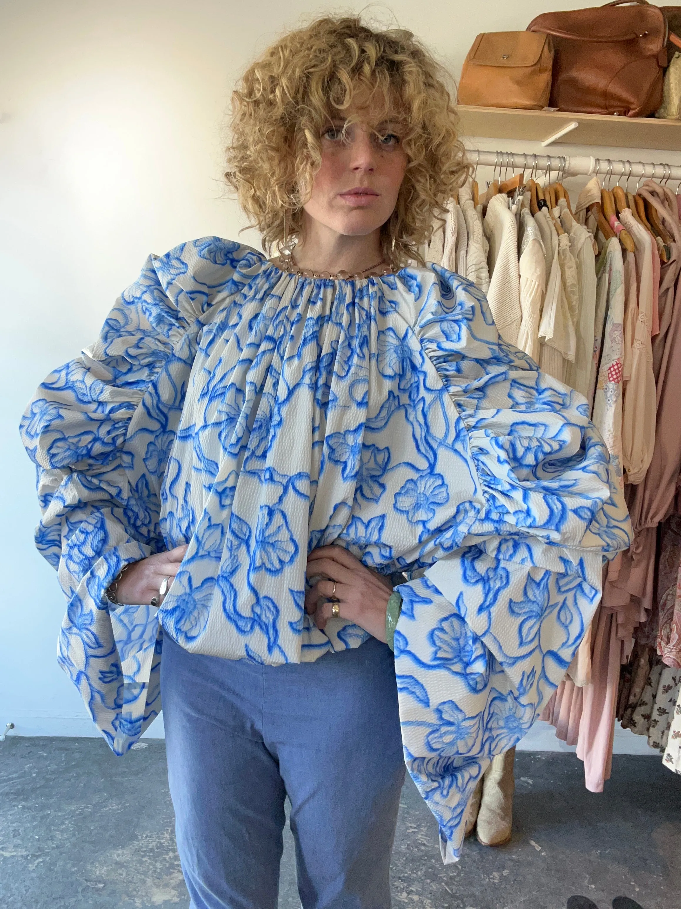 Dries Van Noten Gathered Floral Print Cloqué Blouse
