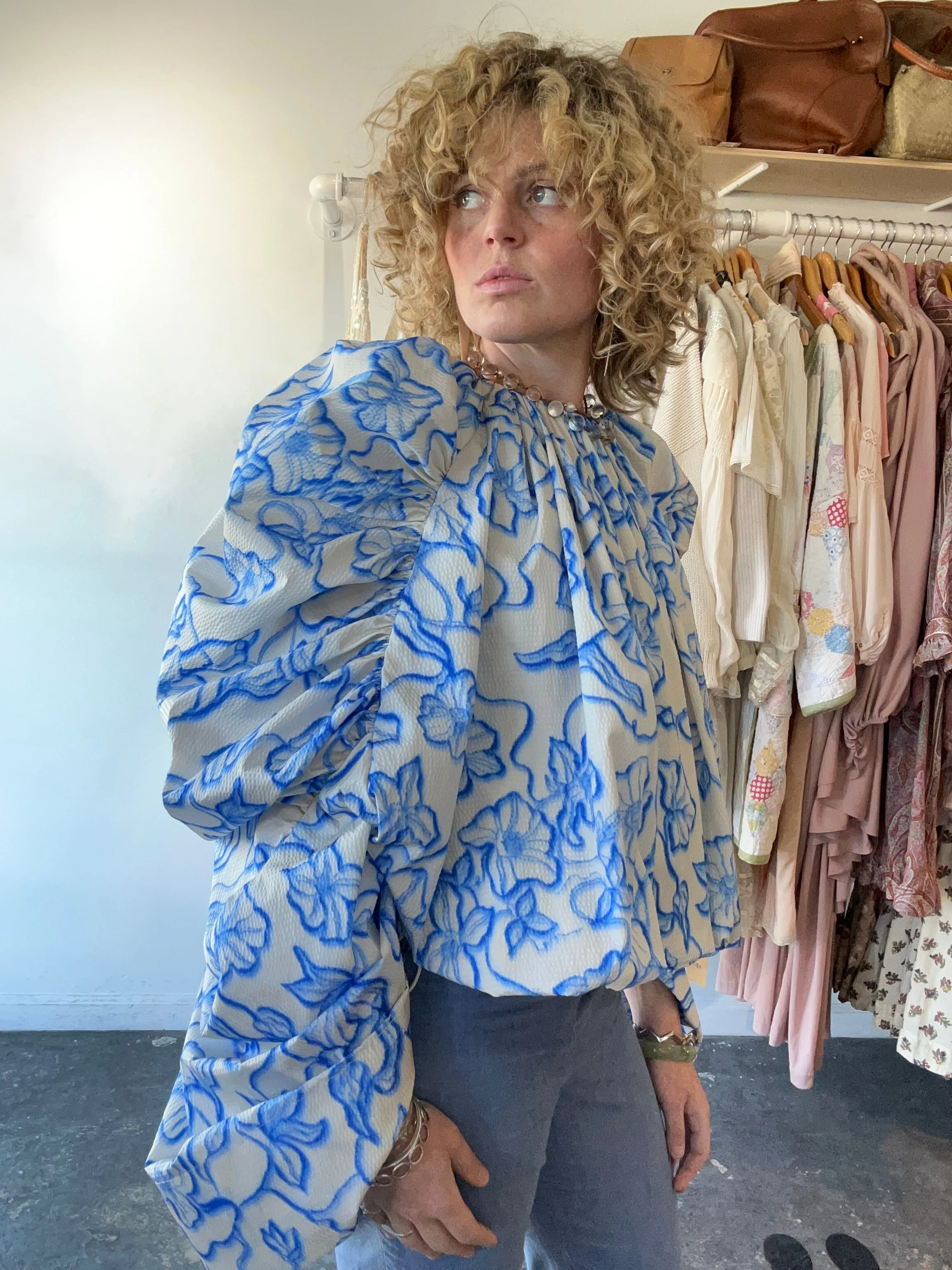 Dries Van Noten Gathered Floral Print Cloqué Blouse