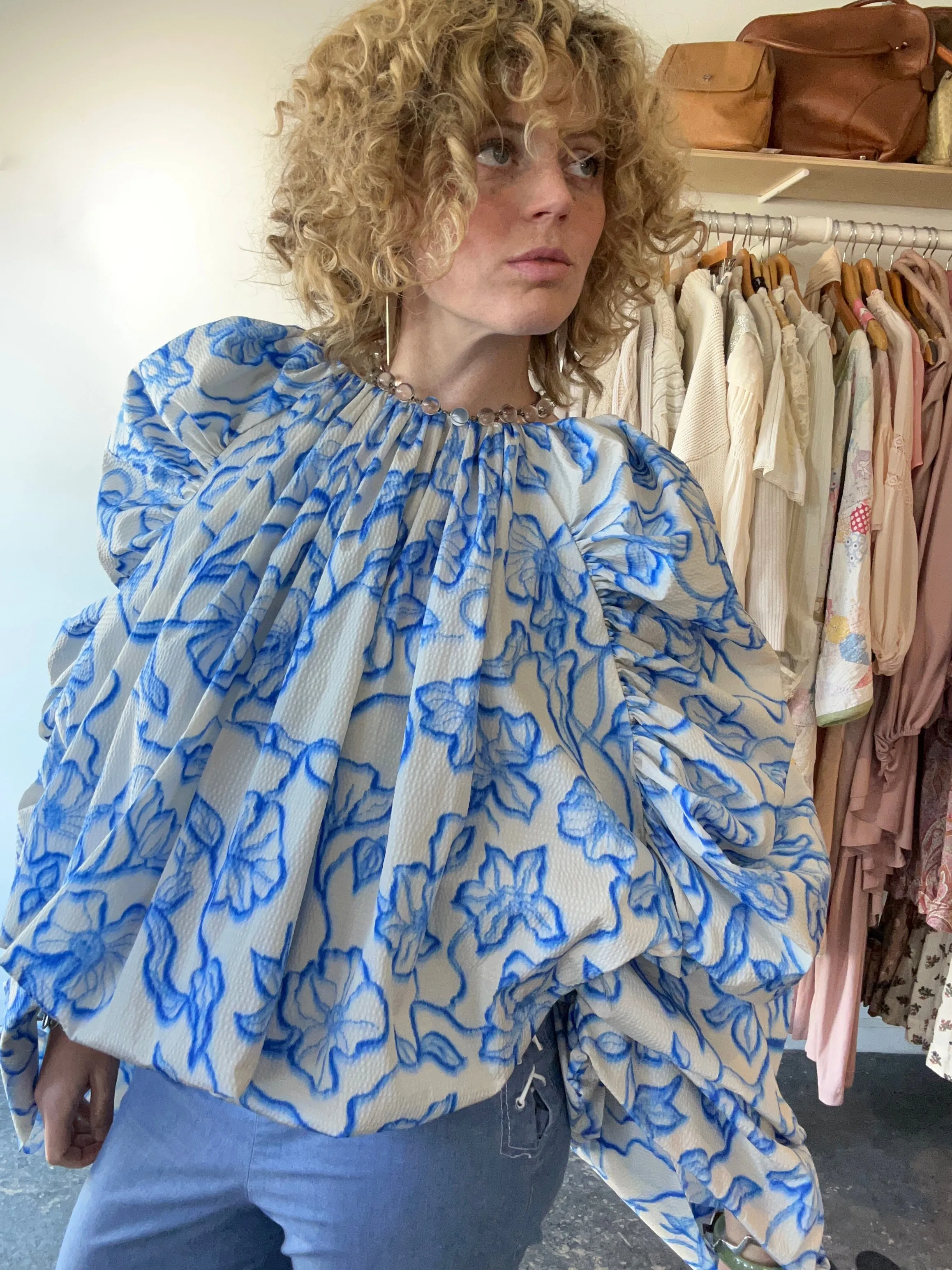 Dries Van Noten Gathered Floral Print Cloqué Blouse