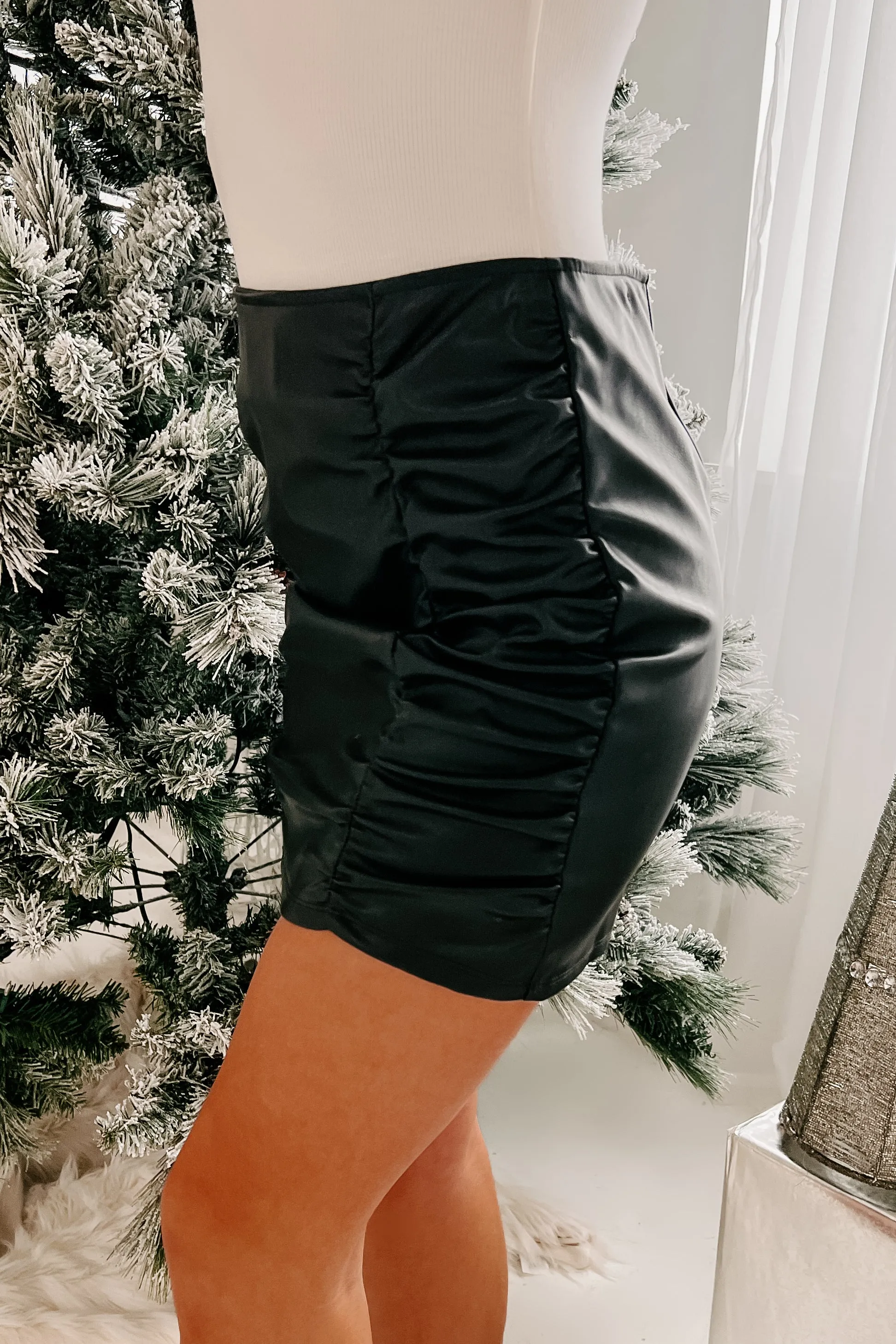 Drive You Insane Ruched Faux Leather Mini Skirt (Black)
