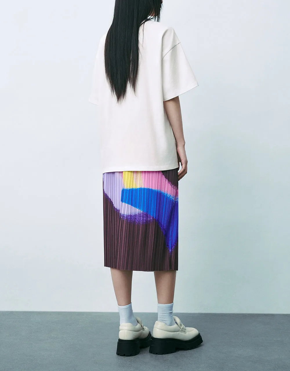 Elastic Waist Printed Midi A-Line Skirt