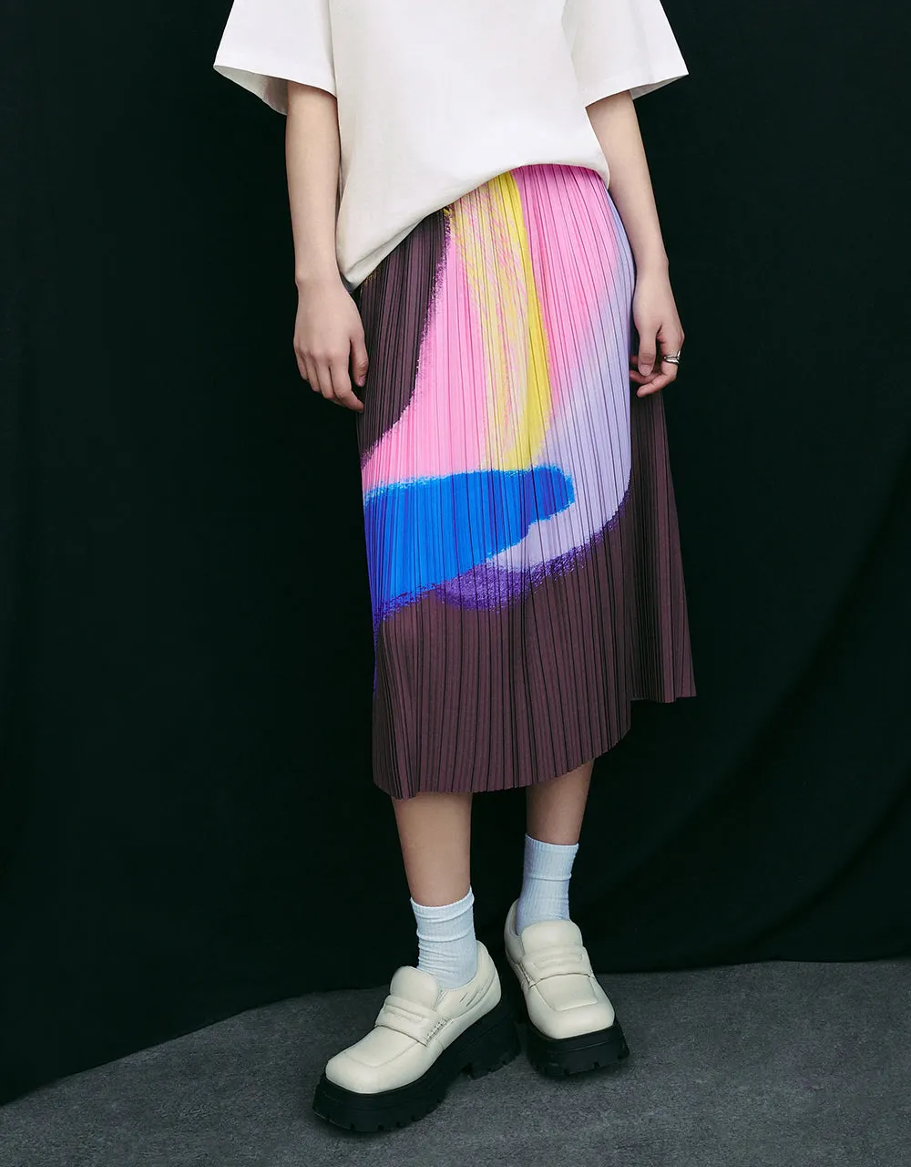 Elastic Waist Printed Midi A-Line Skirt