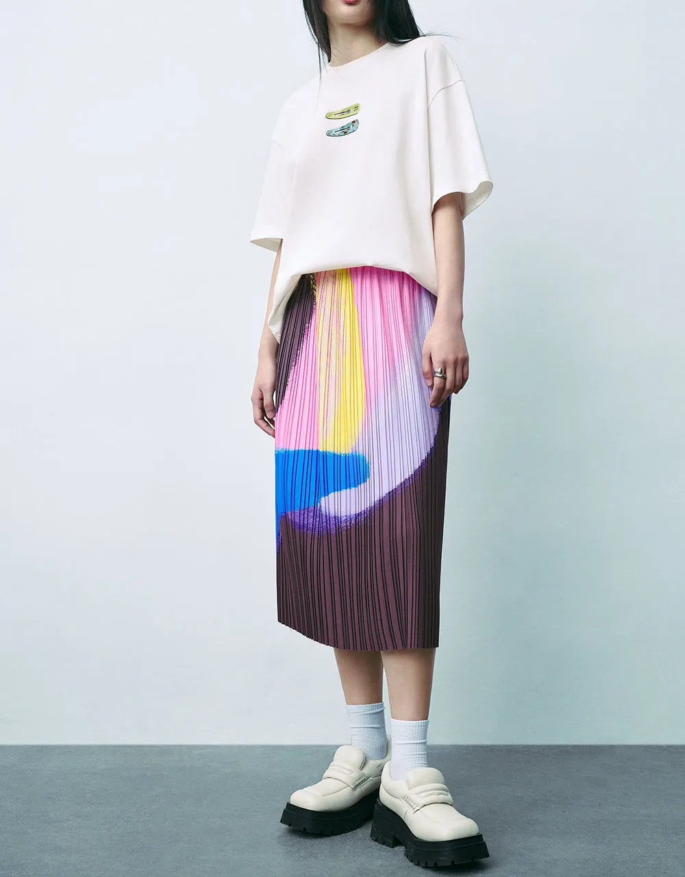 Elastic Waist Printed Midi A-Line Skirt