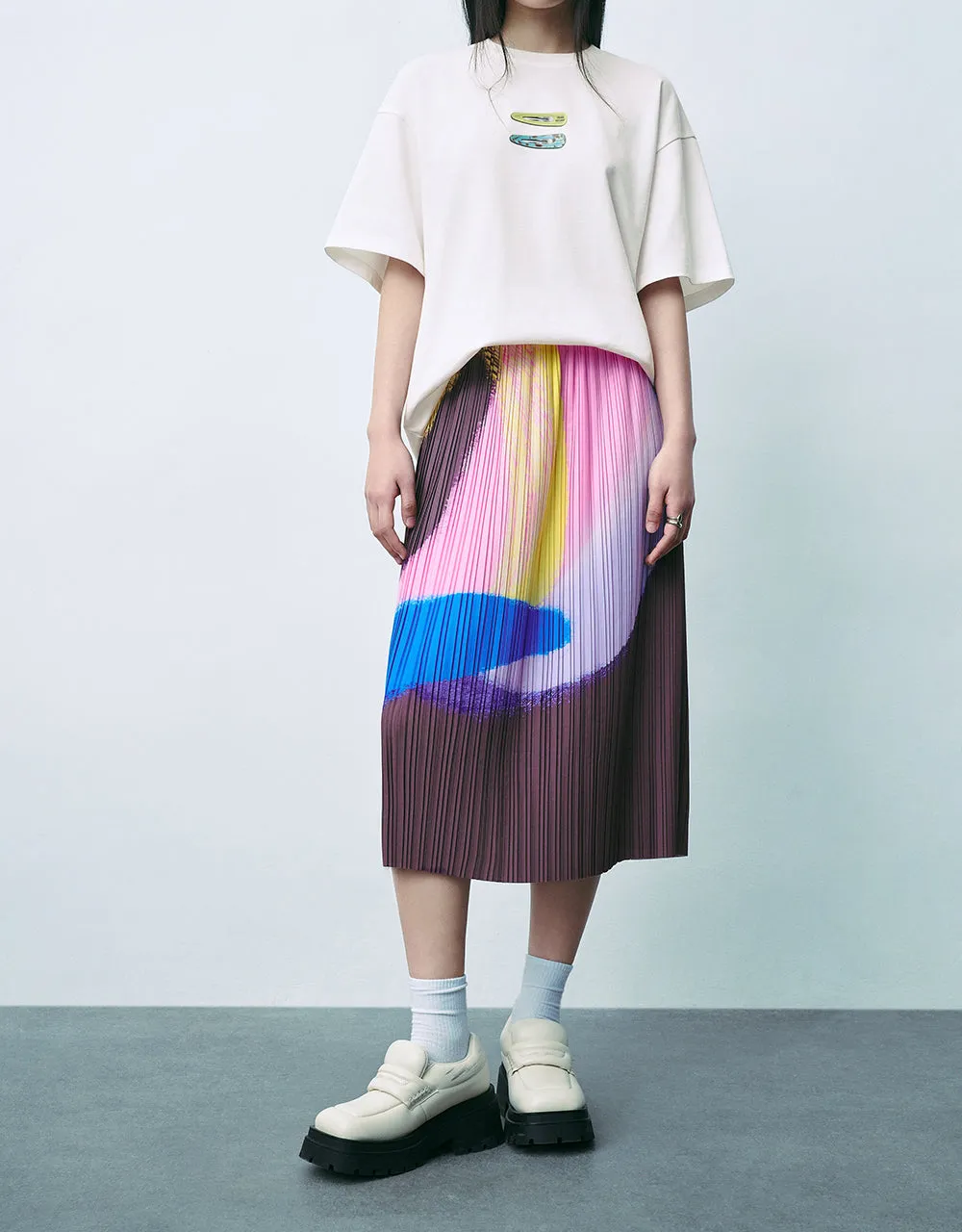Elastic Waist Printed Midi A-Line Skirt