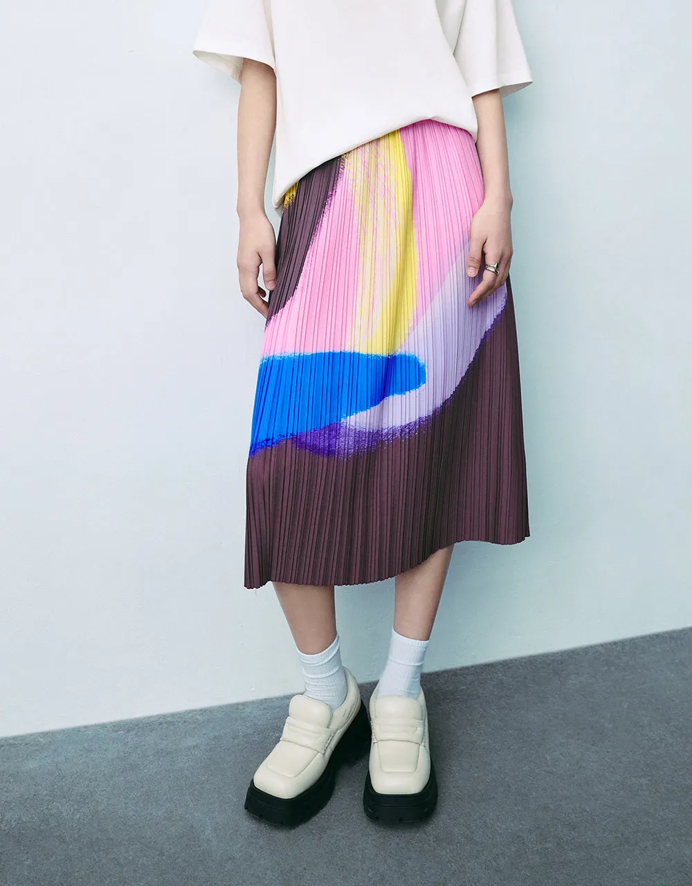 Elastic Waist Printed Midi A-Line Skirt