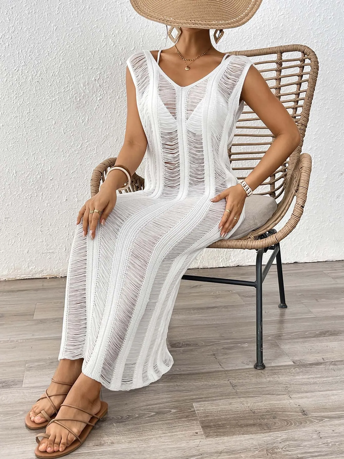 Elegant Sheer Knit Maxi Beach Cover-Up for Timeless Vacation Style