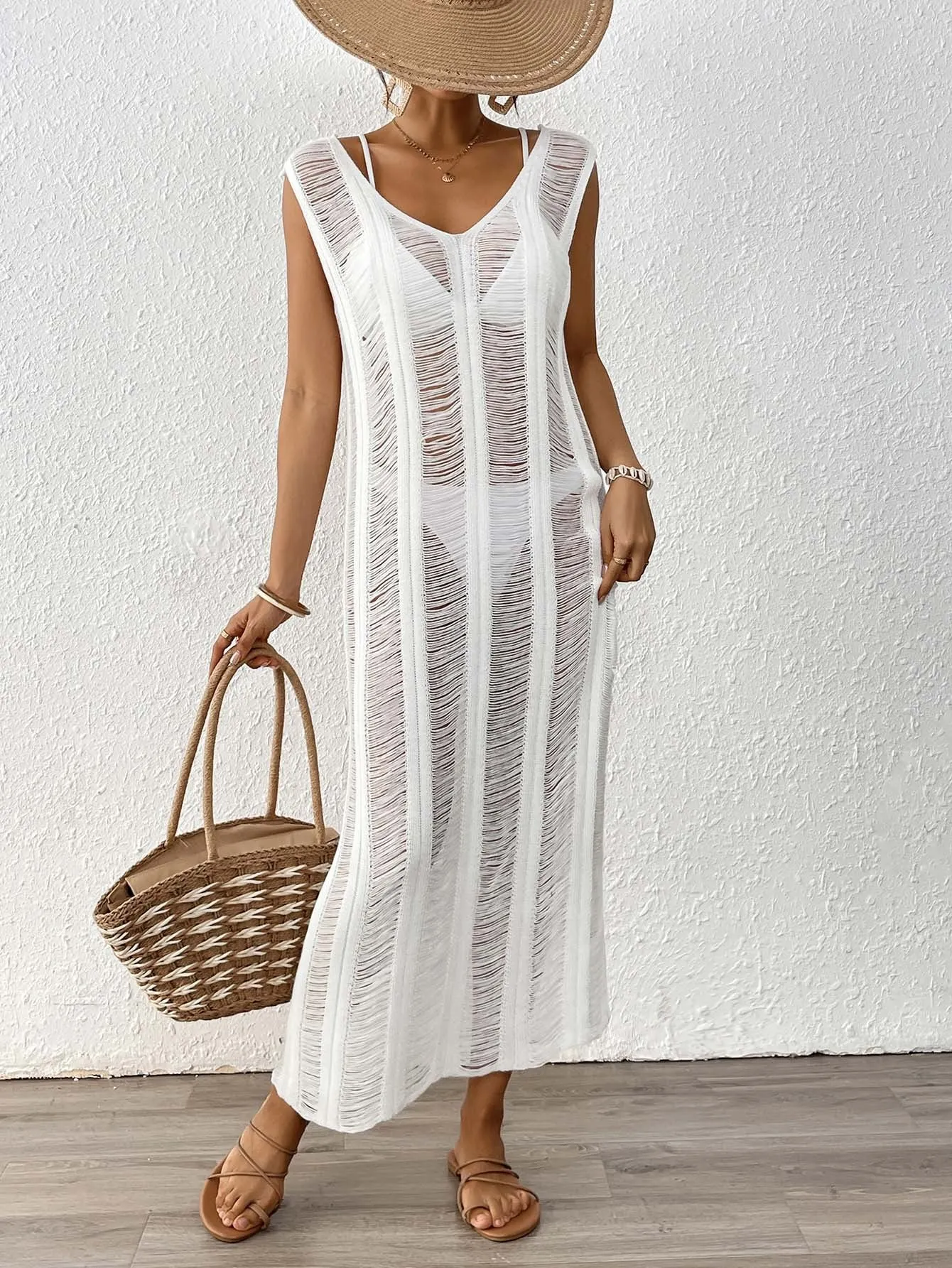 Elegant Sheer Knit Maxi Beach Cover-Up for Timeless Vacation Style