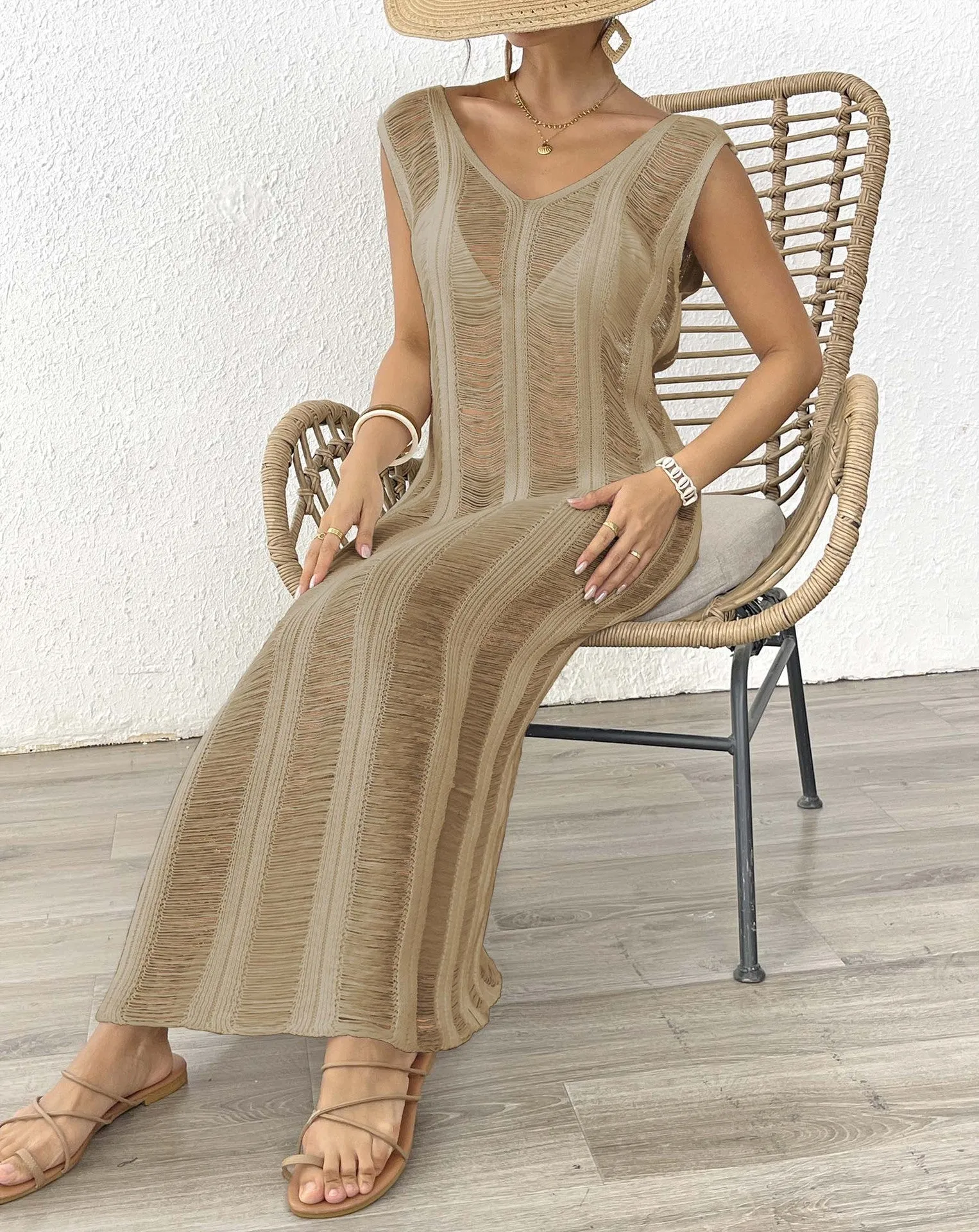 Elegant Sheer Knit Maxi Beach Cover-Up for Timeless Vacation Style