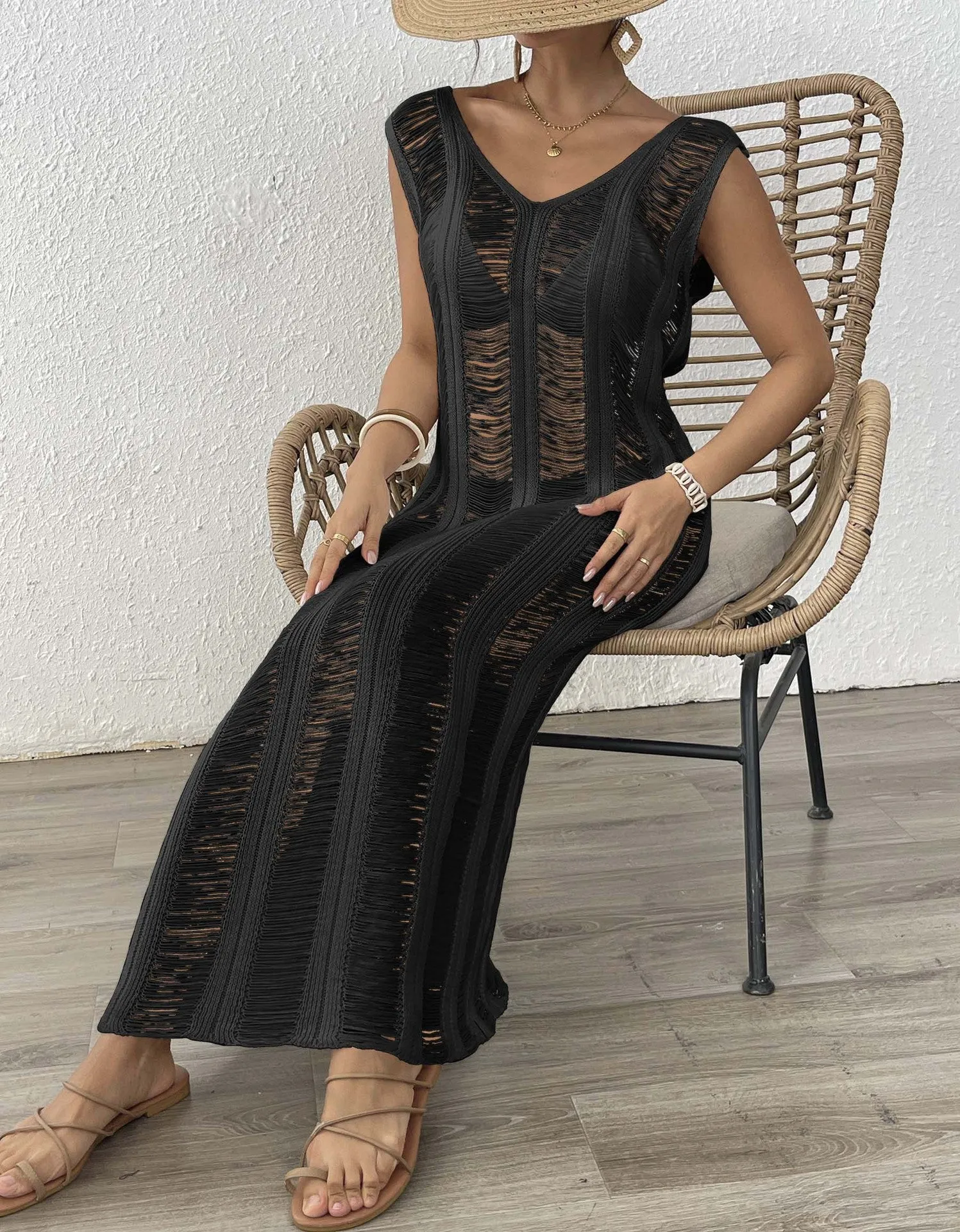 Elegant Sheer Knit Maxi Beach Cover-Up for Timeless Vacation Style