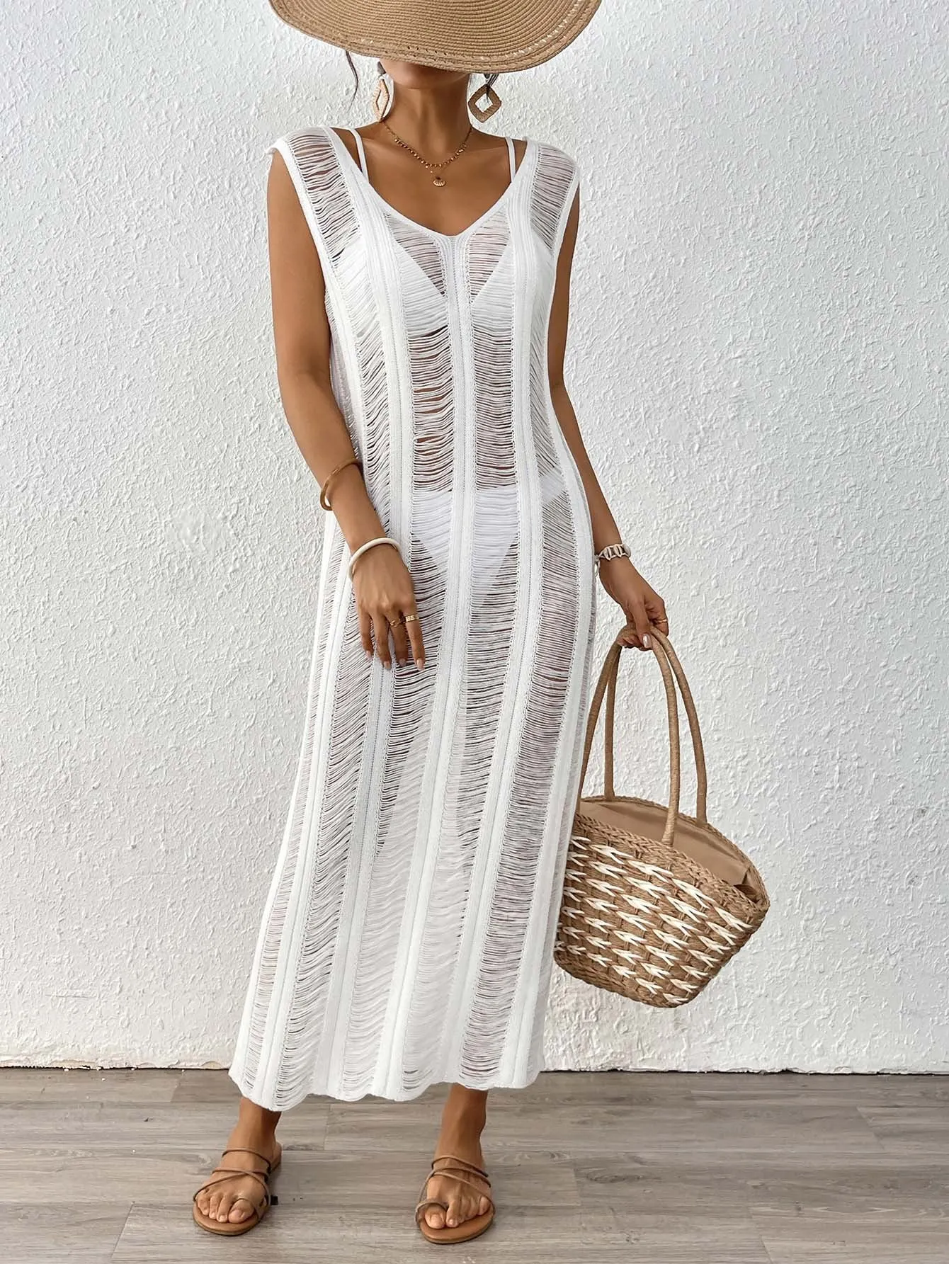 Elegant Sheer Knit Maxi Beach Cover-Up for Timeless Vacation Style