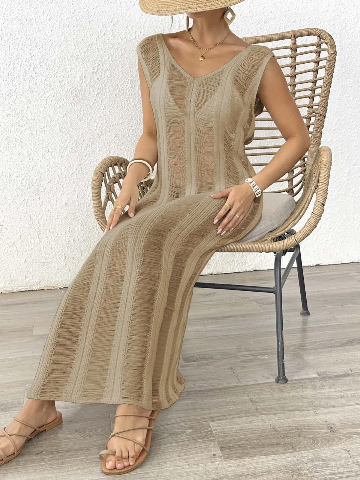 Elegant Sheer Knit Maxi Beach Cover-Up for Timeless Vacation Style