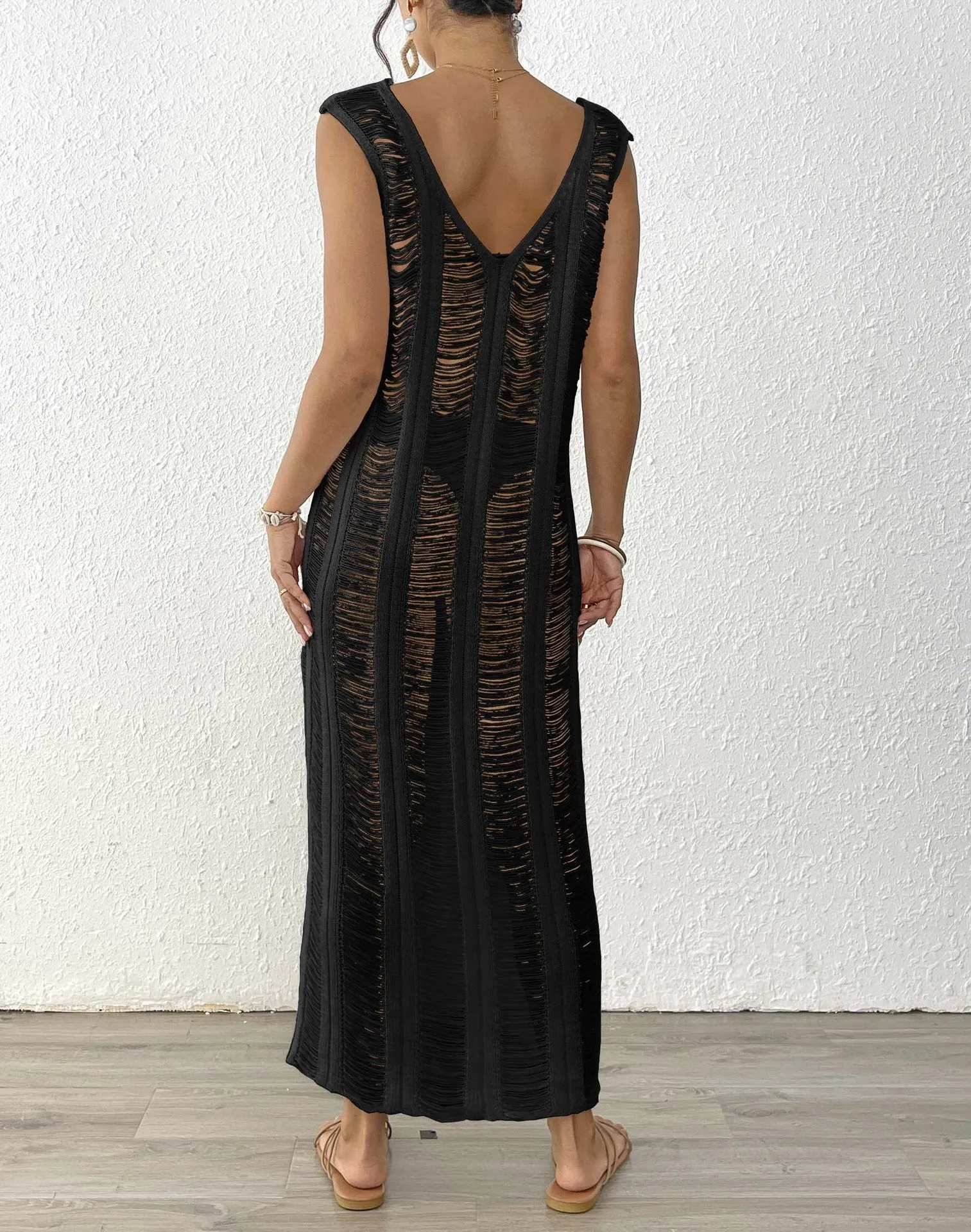Elegant Sheer Knit Maxi Beach Cover-Up for Timeless Vacation Style
