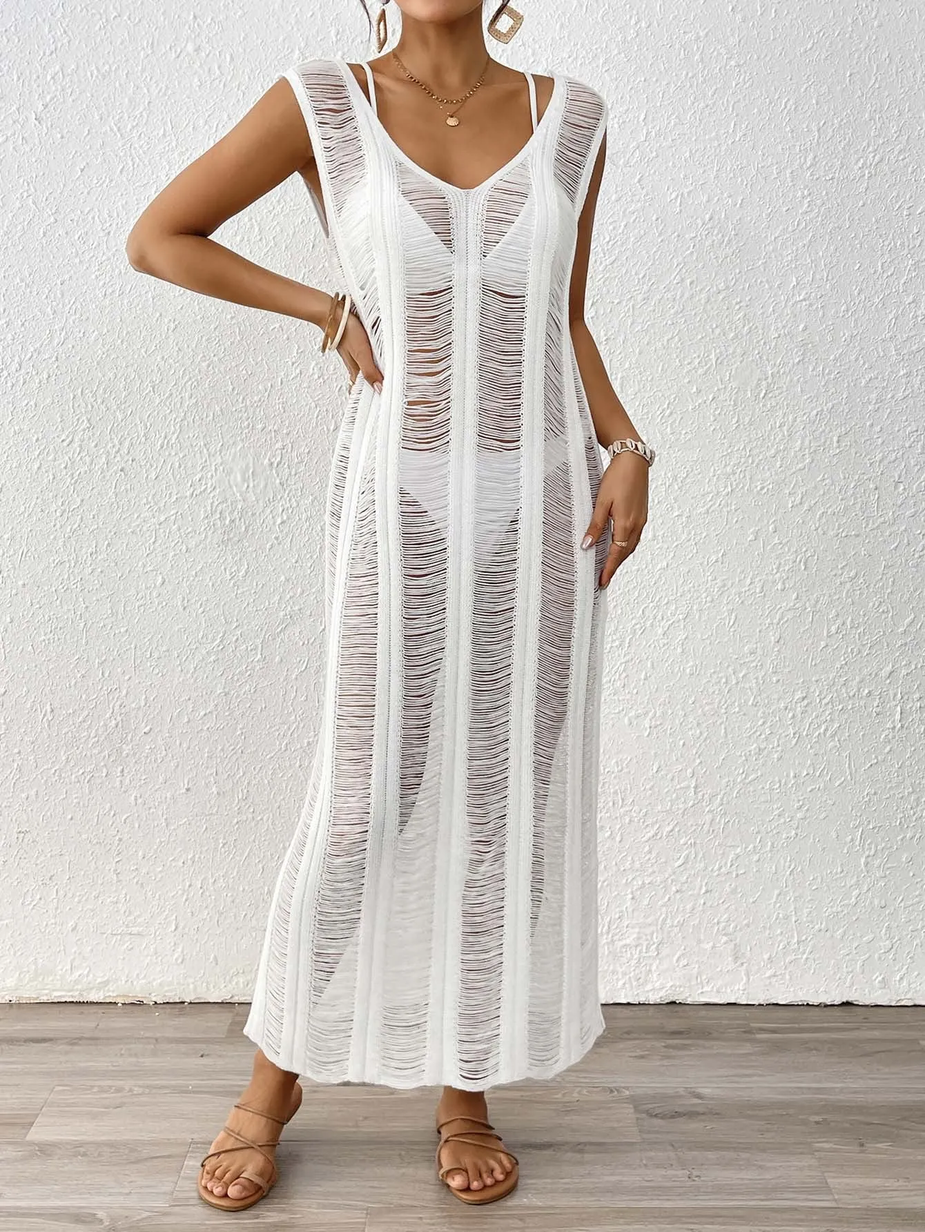Elegant Sheer Knit Maxi Beach Cover-Up for Timeless Vacation Style