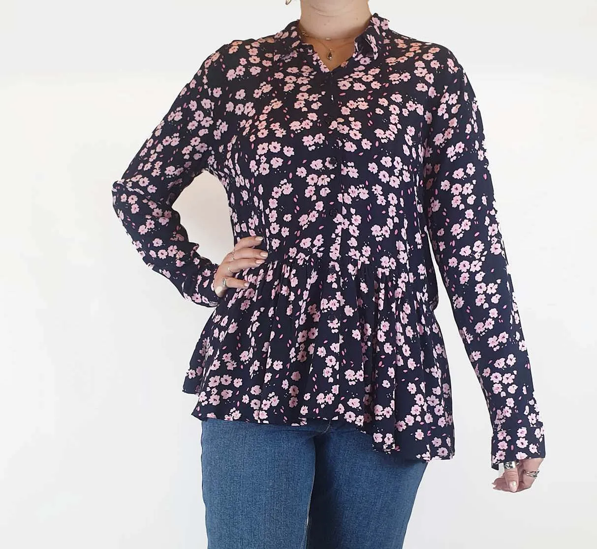 Elm navy and pink floral print long sleeve shirt size 12