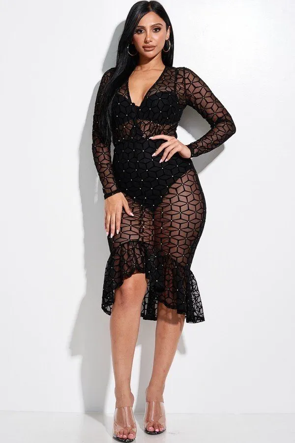 Embellished Burnout Mesh Long Sleeve Mermaid Midi Dress With Panty Lining